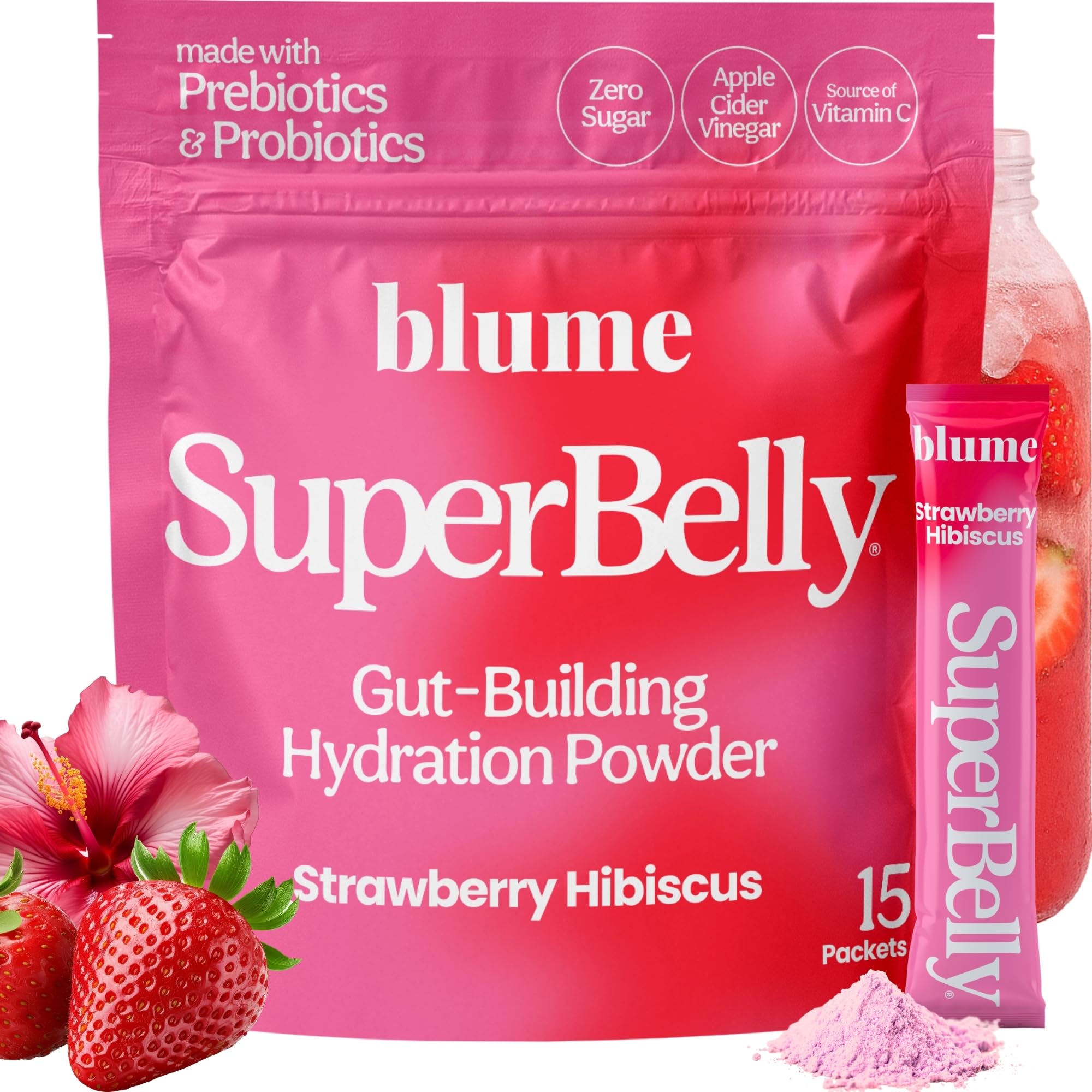 Blume SuperBelly Gut Health and On-The-Go Hydration Packets, GLP-1 Friendly, Sugar-Free, with Prebiotics, Probiotics, Apple Cider Vinegar, Vitamin C, and Electrolytes, Strawberry Hibiscus, 15 Sticks