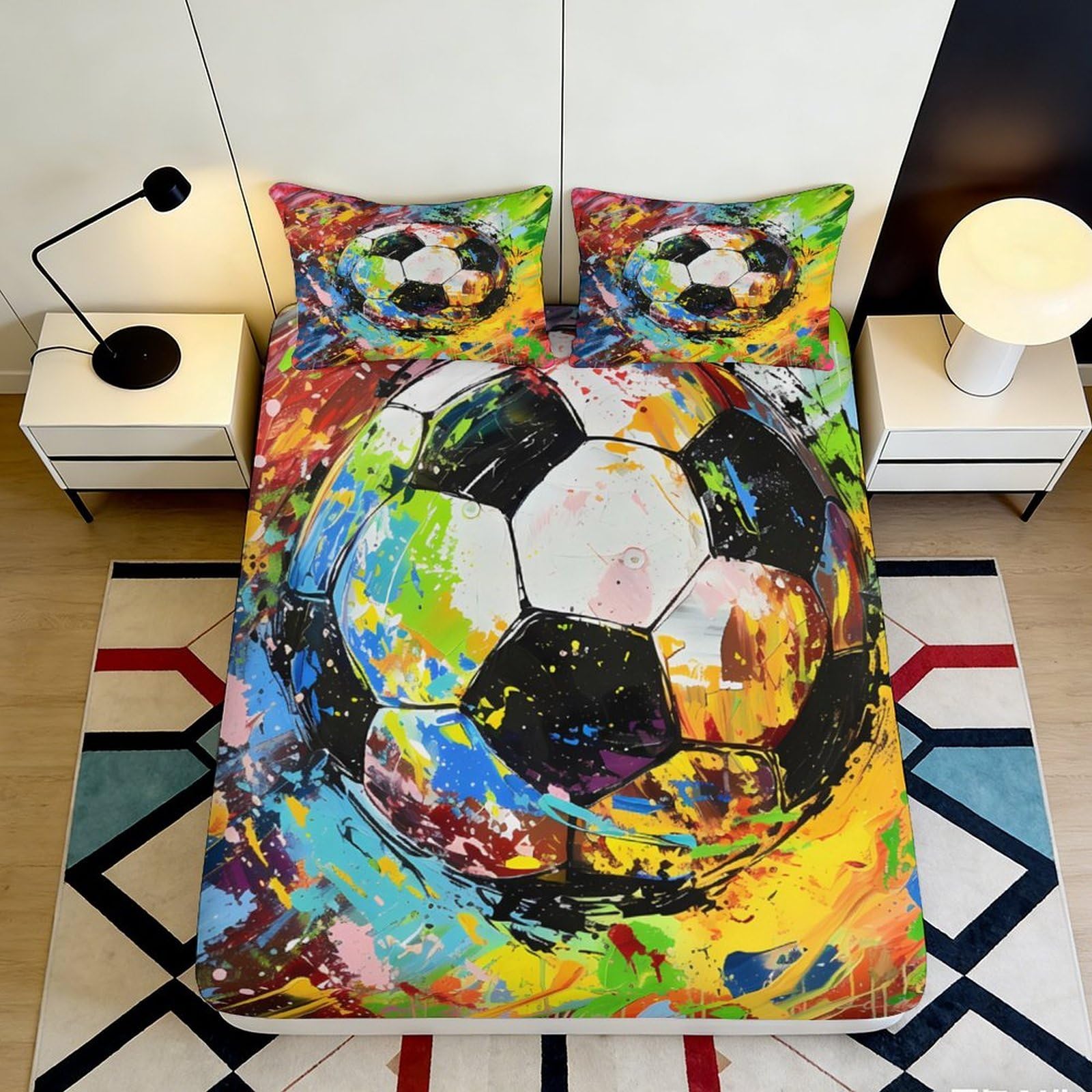 3D Printed Colorful Soccer Ball Fitted Sheet Microfiber Modern Art Paint Splash Bed Cover for Bedroom Dorm Mattress Protector 140x200x25cm