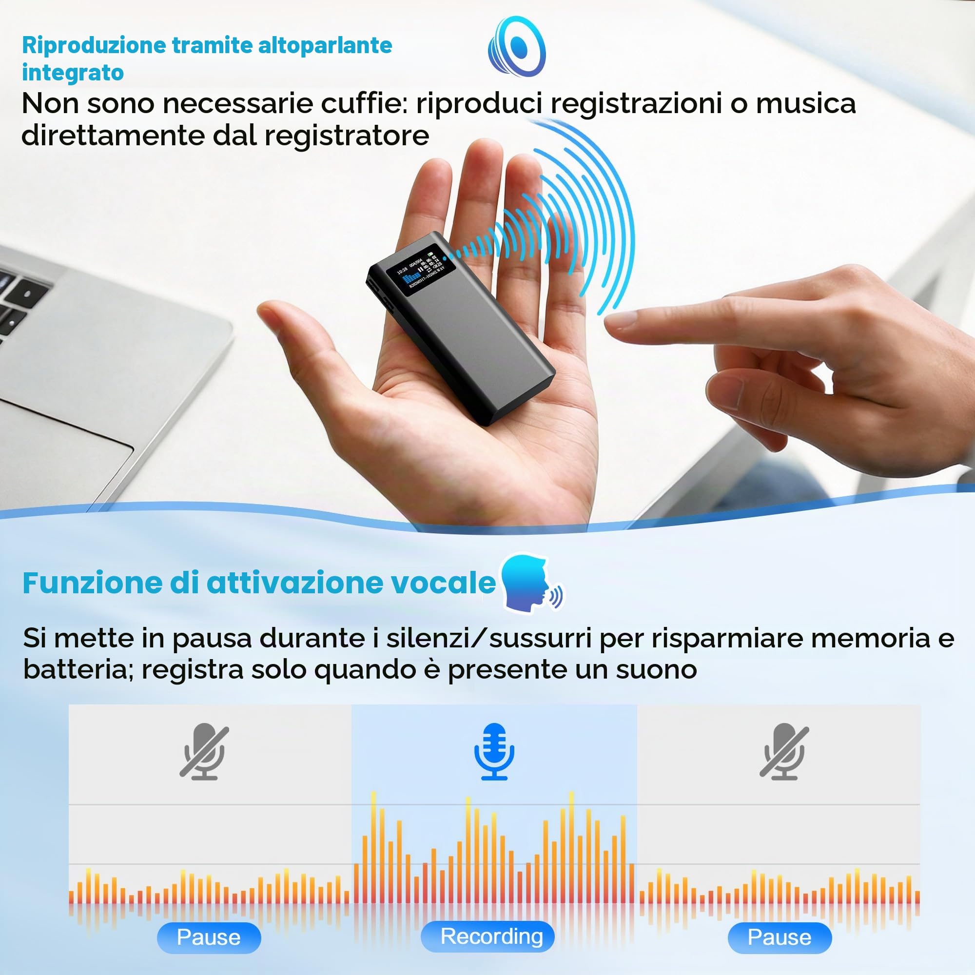 32GB Registratore Vocale Magnetico con Autonomia 350 Ore, Espansione Scheda TF, Riproduzione Altoparlante e Registrazione con un Clic, Dispositivo Portatile USB‑C per Riunioni e Interviste