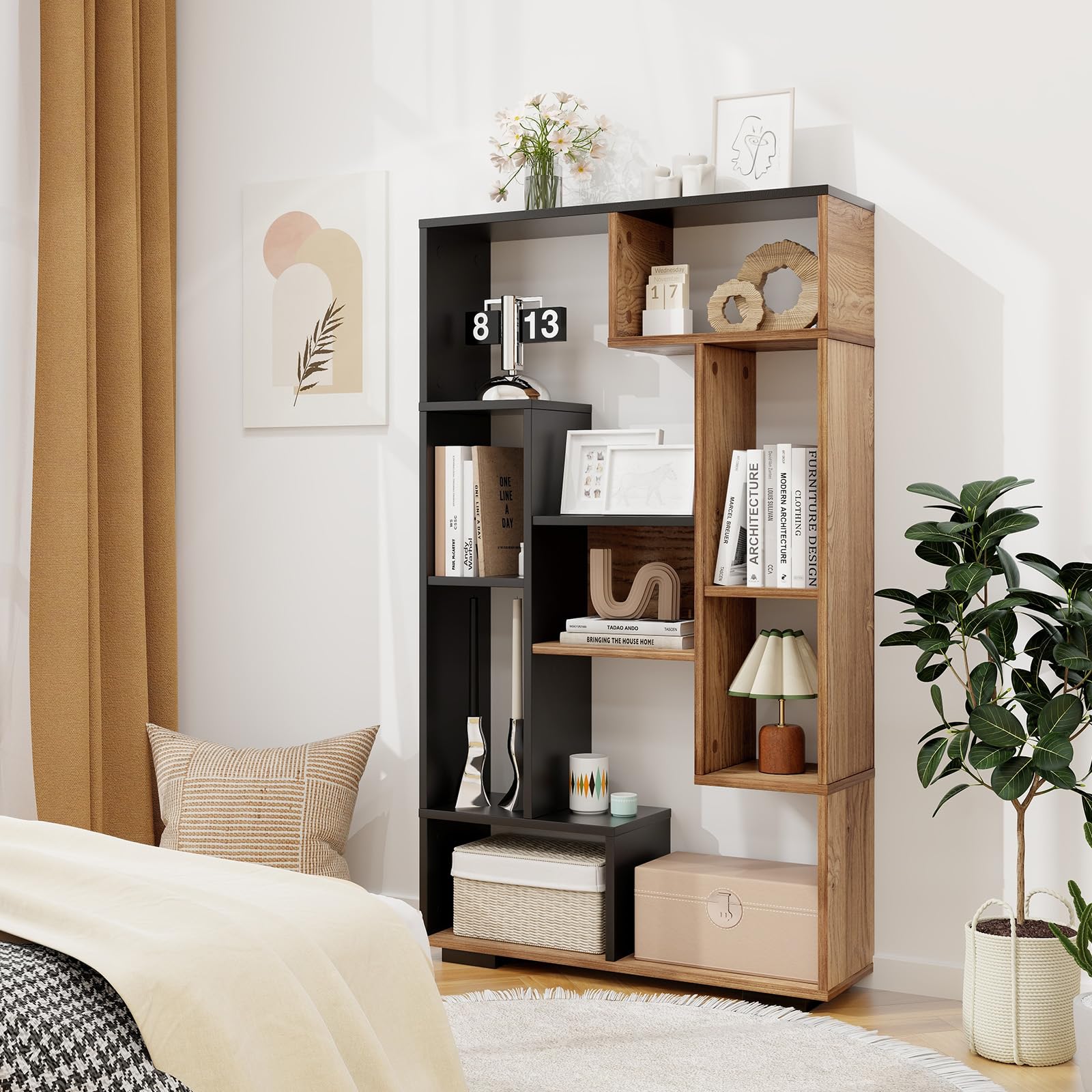 Drewniany regał na książki z 9 półkami, otwarty pionowy regał biblioteczny, meble zapobiegające przewróceniu, nowoczesna ścianka działowa do salonu, 70 x 20 x 120 cm (brązowy)