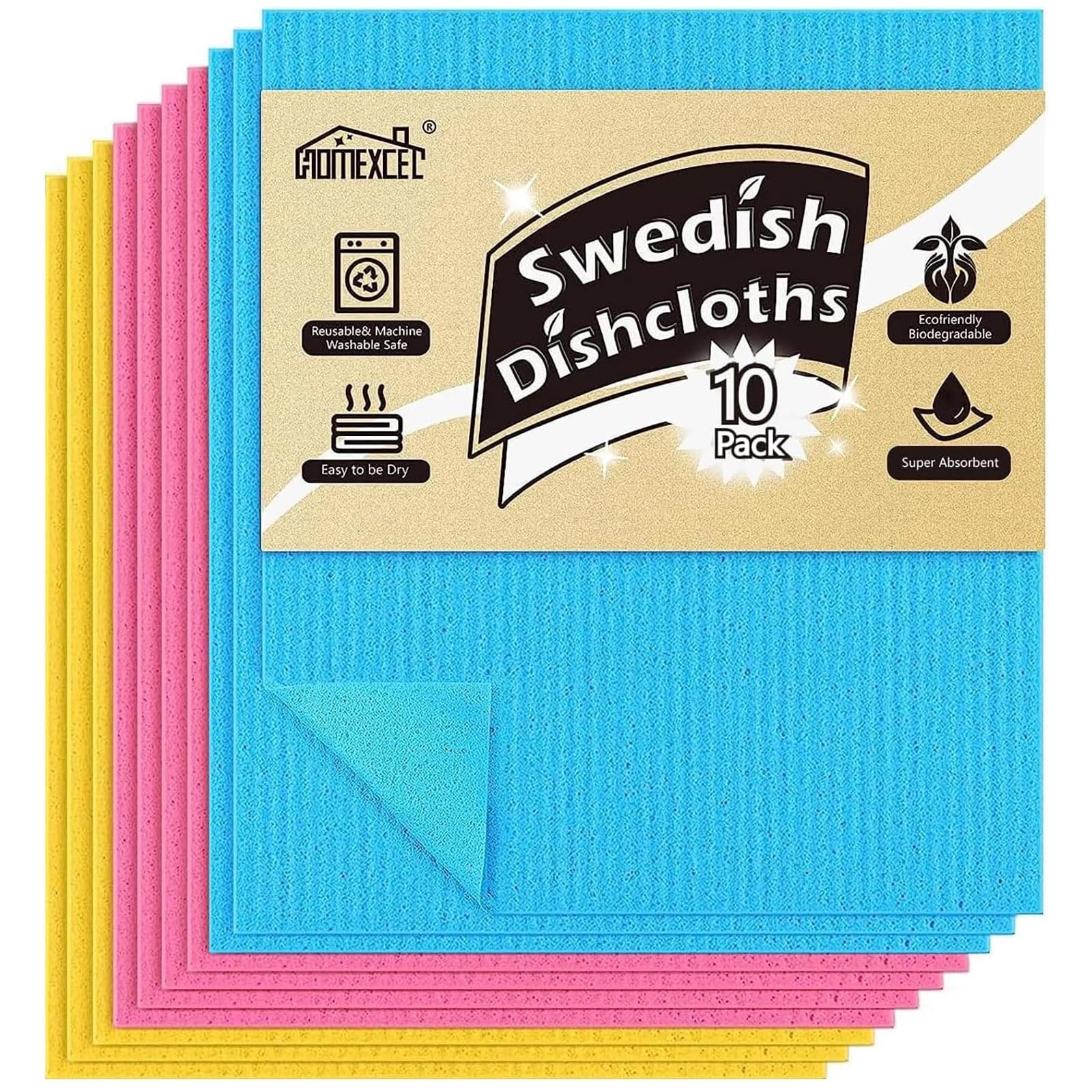HOMEXCEL Swedish Dishcloths for Kitchen 10 Pack, Sponge Dish Cloth for Counters & Washing Dishes, Reusable and Absorbent Paper Towels, 3 Colors Assorted