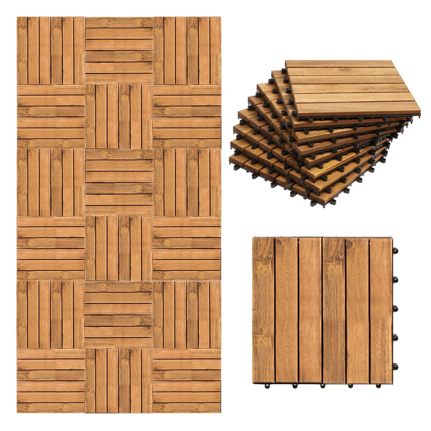 Fiqops Płytki drewniane 30 x 30 cm, płytki podłogowe z drewna akacjowego, 11 sztuk, 1㎡, na zewnątrz, płytki na klik, na taras, mozaika, do ogrodu, patio, balkonu (6 listew)