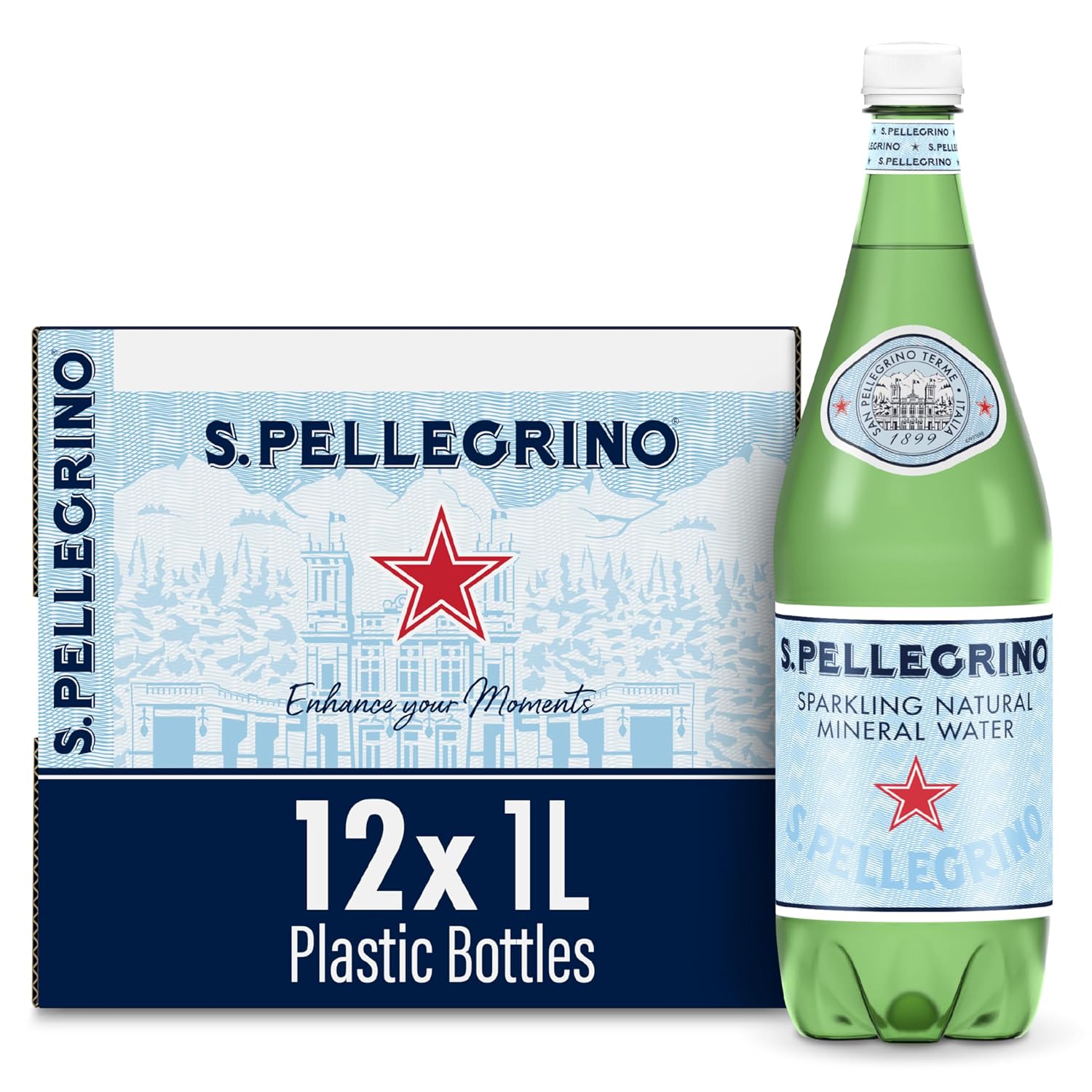 S.Pellegrino Sparkling Natural Mineral Water, 33.8 fl oz. Plastic Bottles Pack of 12