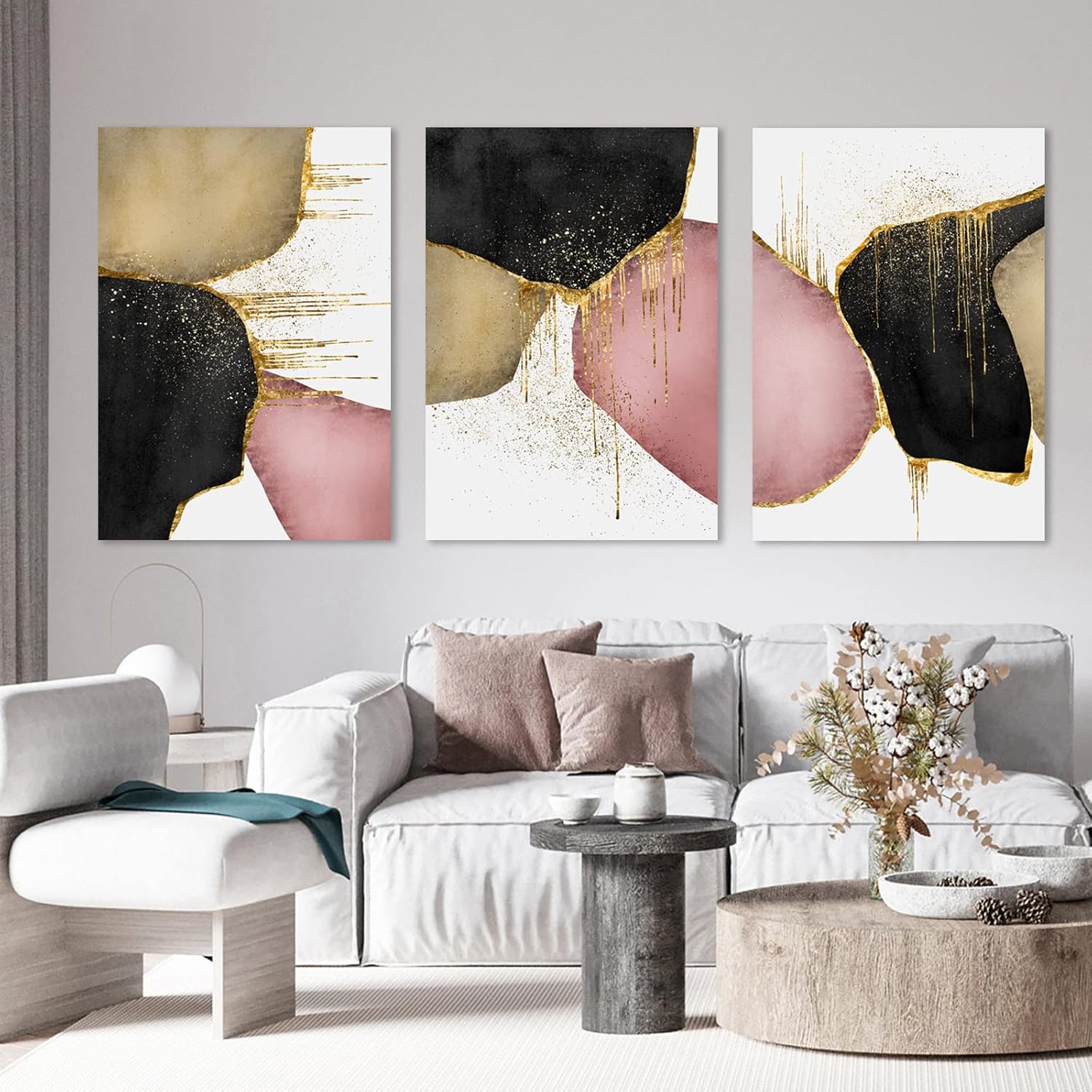 Pink and Gold Abstract Canvas Wall Art Black Brown Abstract