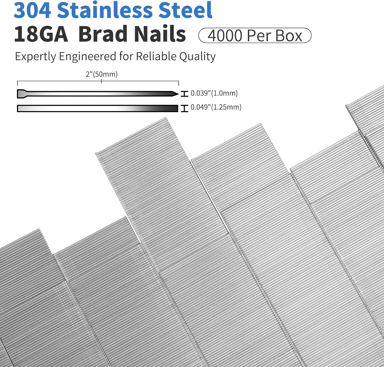 18 Gauge Stainless Steel Brad Nails 2 inch - 4,000 Counts 18GA Brad Nails 304 Stainless Steel Small Finishing Nail for Pneumatic/Electric Brad Nailers