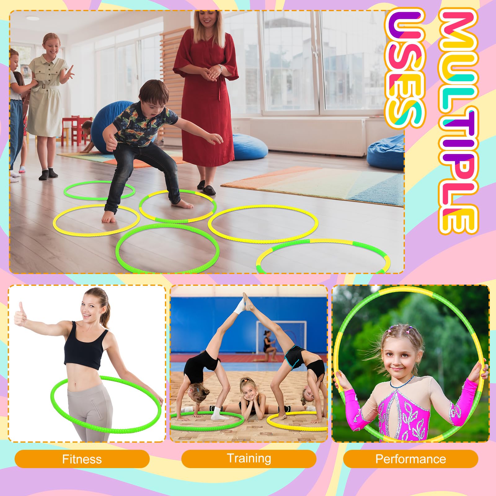 Halloscume 6 anelli per esercizi rimovibili per fitness, cerchio regolabile, giocattolo in plastica, giocattolo per fitness, giocattolo per patio, cerchi colorati per adolescenti, giochi