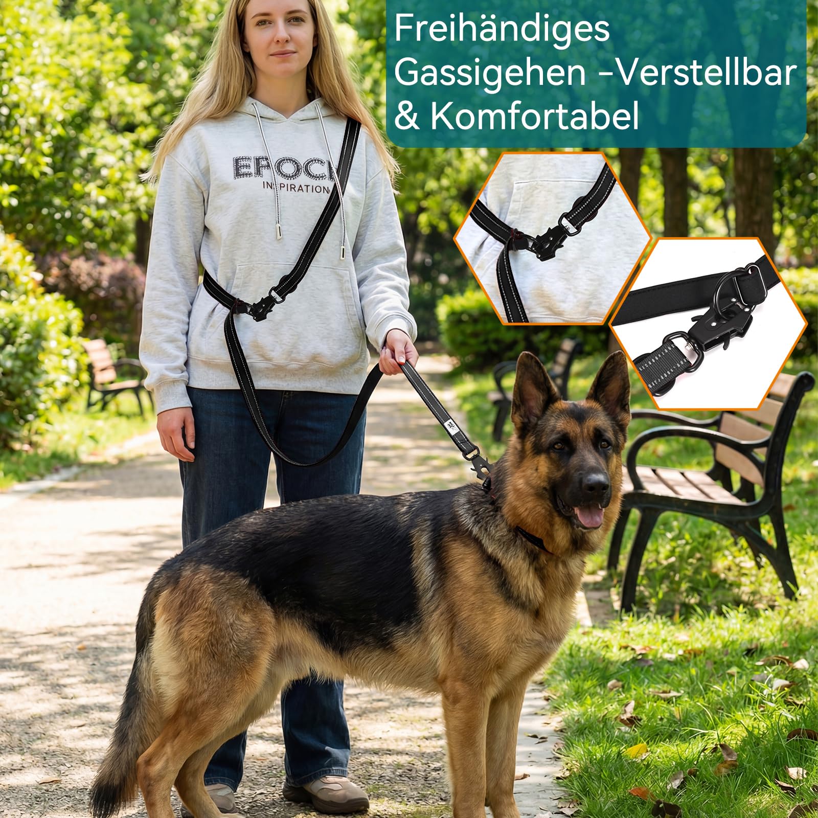 Lina Pet Hundeleine 3m x 2,5 cm, Verstellbare Doppelleine aus Nylon mit Aluminium-Karabiner, Führleine Reflektierend für große und mittelgroße Hunde