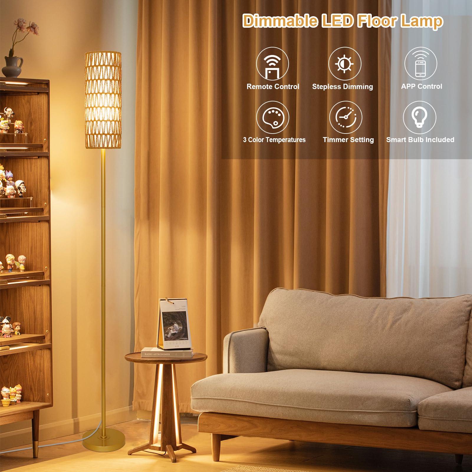 Rayofly Doré Lampadaire Réglable et Télécommandé, Contrôle par App, en Rotin avec Abat-jour en Rotin & Lin, Moderne pour Salon, Chambre, Bureau (Ampoule Incluse)