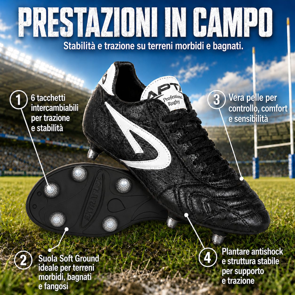 Scatto Rugby | Scarpe da Rugby in Vera Pelle | Suola Soft Ground per Terreni Morbidi, Bagnati e Fangosi con 6 Tacchetti Intercambiabili e Plantare Antishock | Stabilità e Trazione Made in Italy