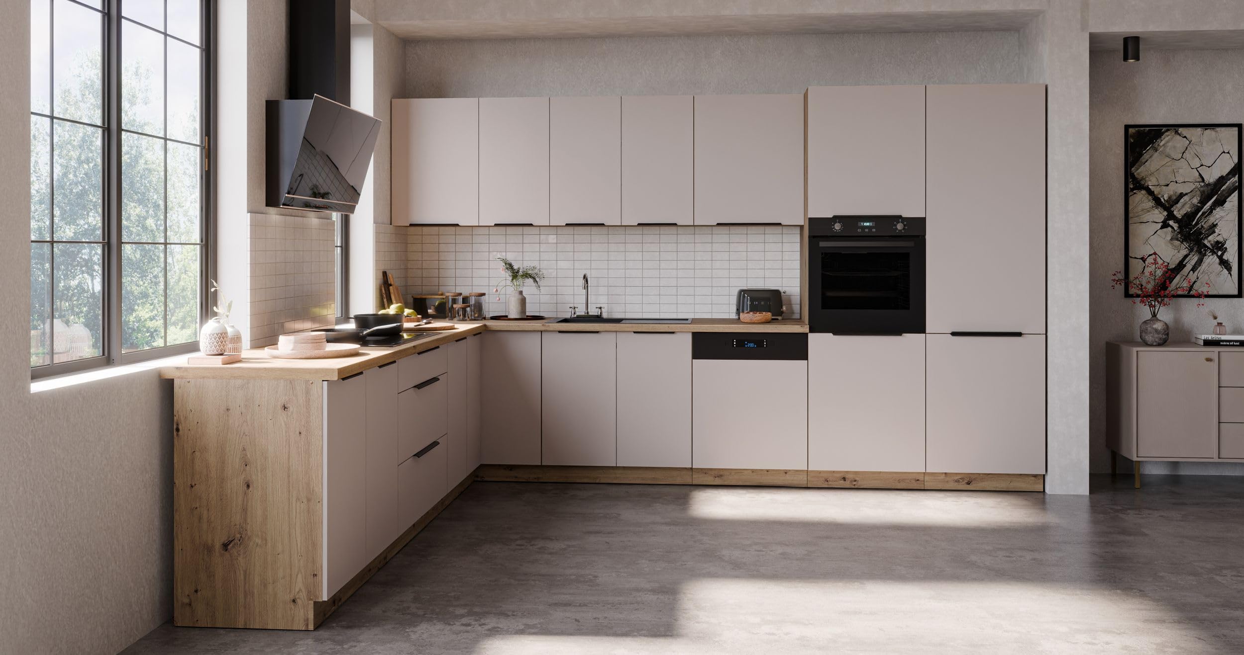 Kuechen-preisbombe Winkelküche Solano 290x350 cm Küchenzeile Eckküche Einbauküche Küche Kaschmir beige matt + Eiche Artisan matt