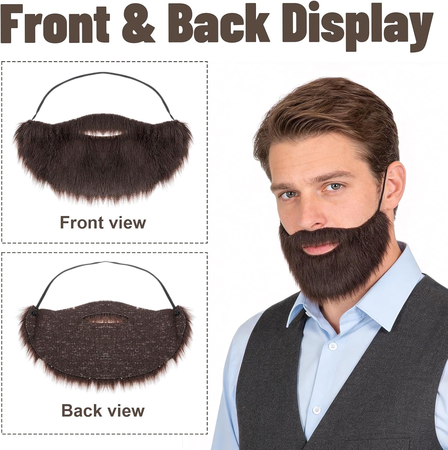 Brown Beard with Elastic Band, Hanging Ear Style Fake Beards for Adults Male Makeup Cosplay Party