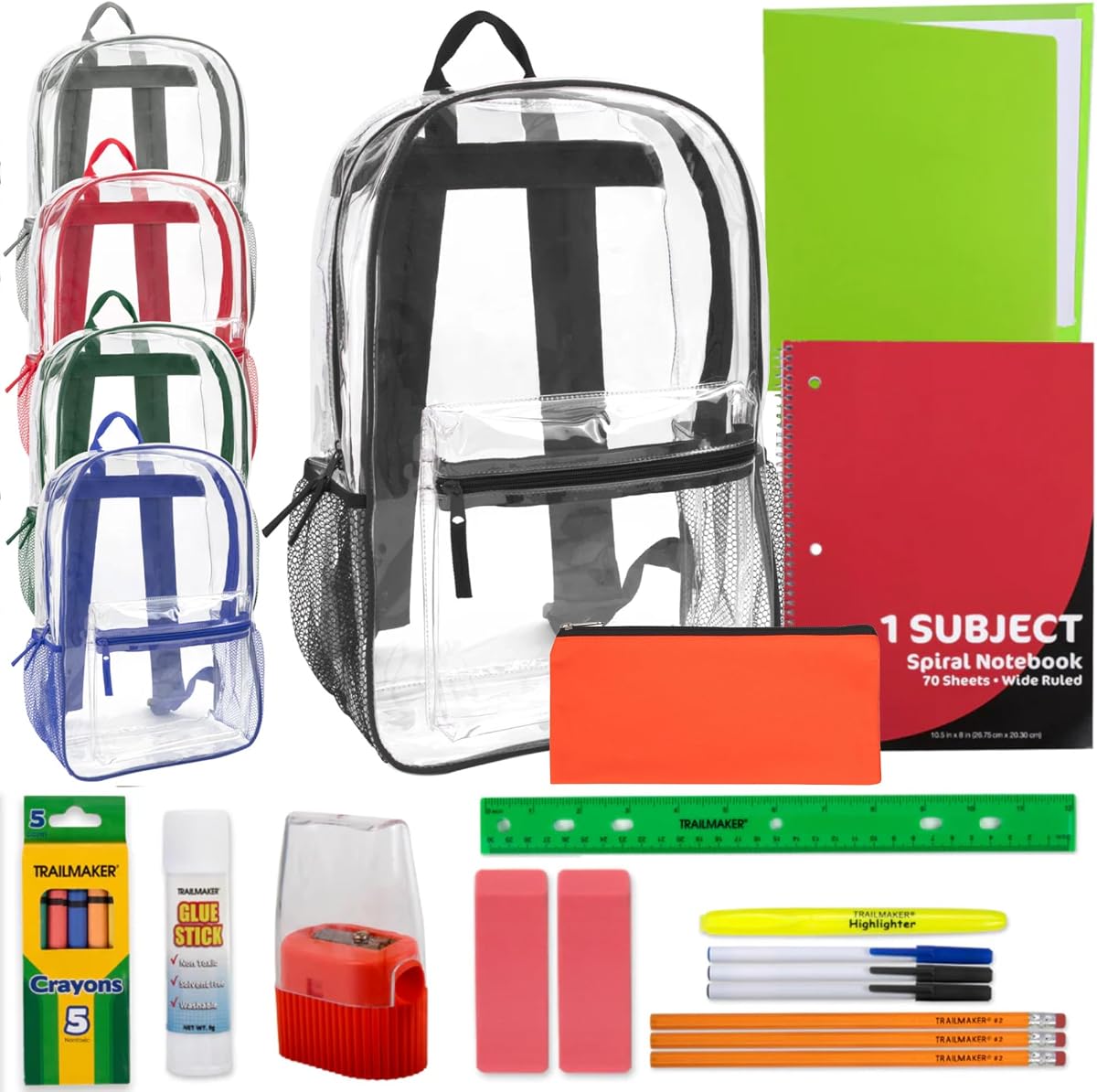 Trail maker Paquete de 24 mochilas transparentes a granel resistentes con suministros escolares, bolsillos laterales para niños, niñas, escuela, estadio aprobado (paquete multicolor)