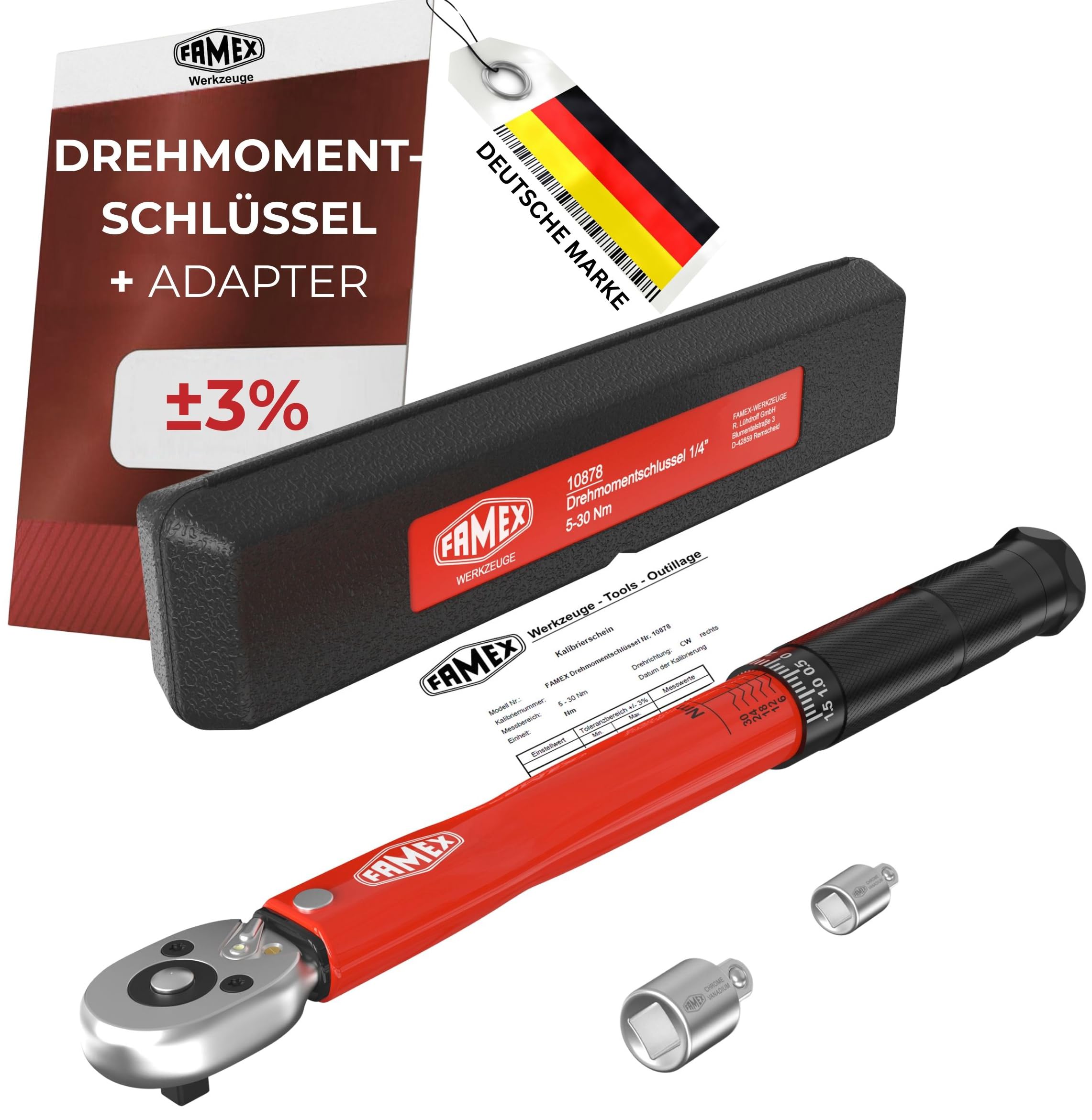 FAMEX 10878-2A Llave dinamométrica de 1/4 pulgadas (6,3 mm), accionamiento 5-30 Nm, para medición en ambas direcciones de giro, para bicicleta eléctrica, mecanismo de precisión, adaptador, pequeño