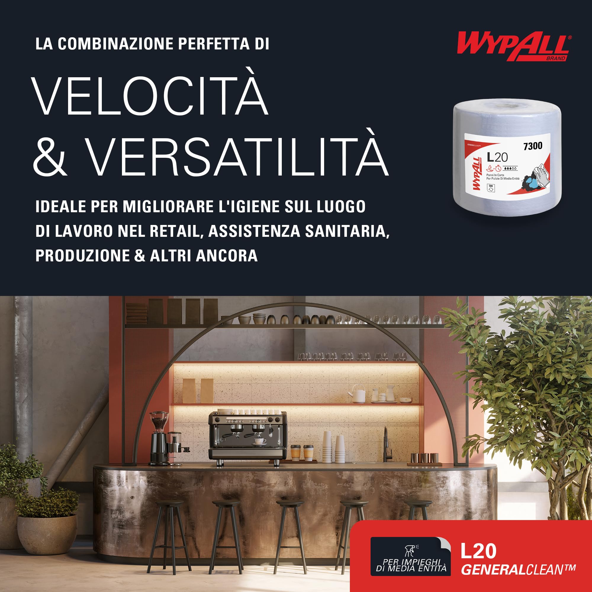 WypAll L20 Maxi Rotolo Panni Carta 7300, 2 Veli, Blu, 500 Fogli, Biodegradabili, Certificato Contatto Alimentare