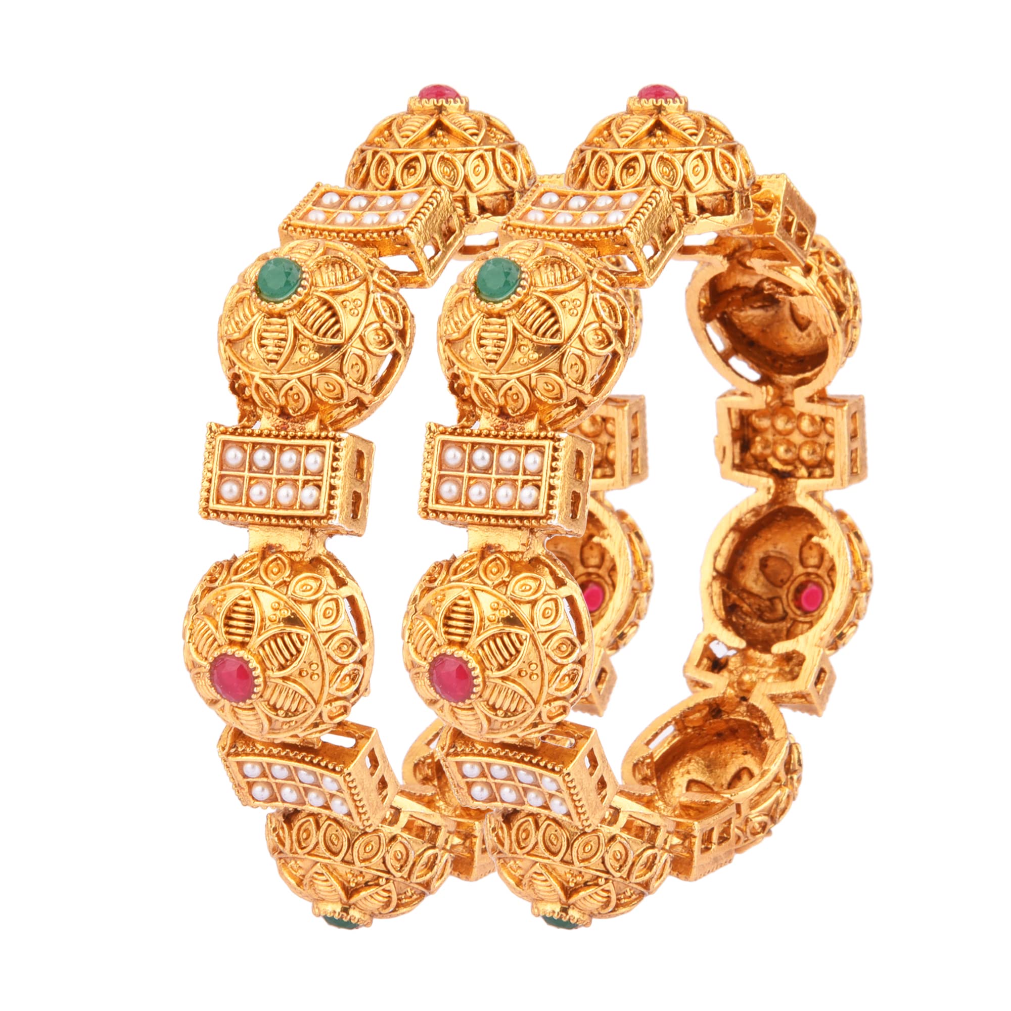 FemmibellaOrnate Gold Plated Polki Pearl 2pc Rajwadi Kada Bangle