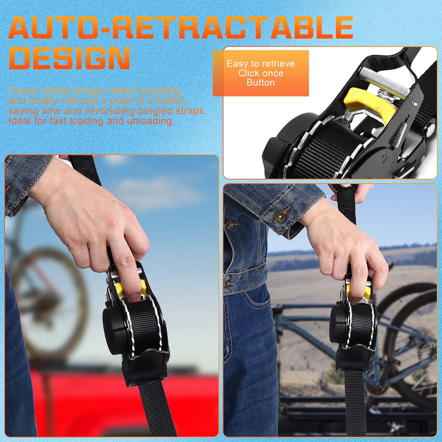 2PK Auto Retractable Ratchet Tie Down Straps, 1” x 10FT (1500lbs Break Strength) Heavy Duty Self-Winding Tie-Downs with Safety S-Hooks & Soft Loops, for Motorcycle, ATV, Kayak, Truck - Black