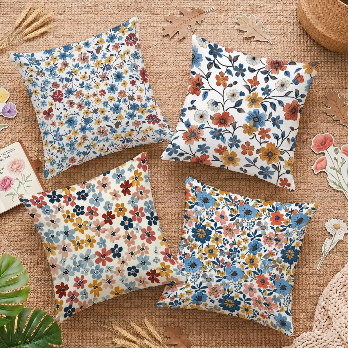 Housse de coussin canapé 60x60cm étanche et lavable avec motif floral double face