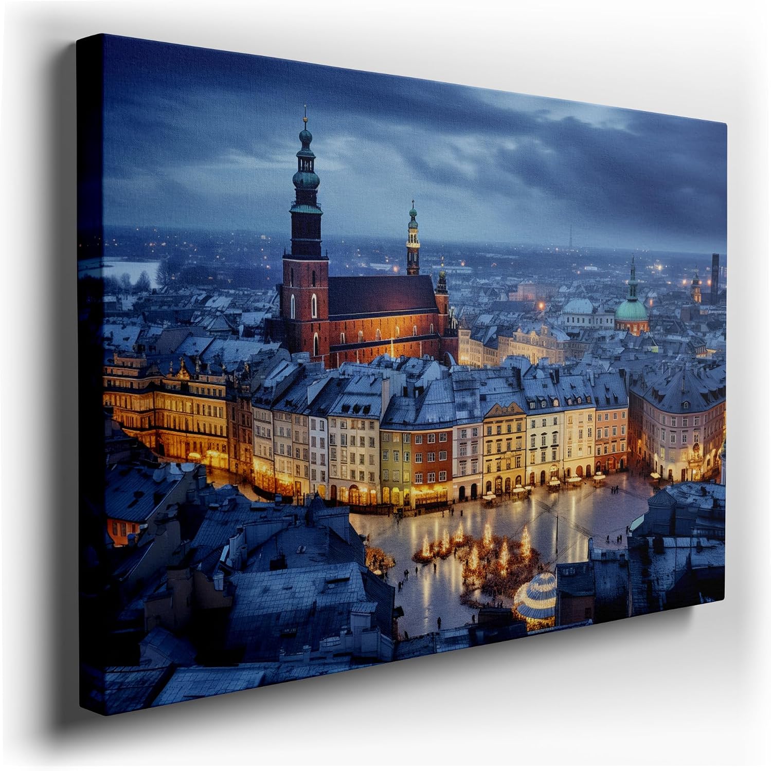Canvas for Living room. Winter's Embrace in Warsaw's Historic Town Square, 27 x 18 inch Canvas Wall Art - Modern Home Decor