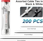 Cable Matters Combo Pack Assorted 200 Self-Locking 6+8+12-Inch Nylon Cable Ties (Tie Wraps, Zip Ties) in Black and White | For Indoor & Outdoor, Self-locking Nylon Cable Ties, Various Sizes, Binders for Versatile Use