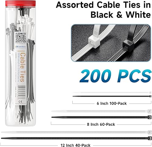 Miniatura 2 de Cable Matters Paquete de 200 bridas para cables para interiores y exteriores, 6, 8, 12 pulgadas, bridas de nailon autobloqueantes de varios tamaños,