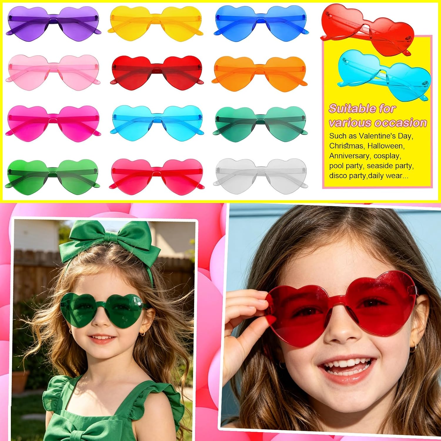 Heart Sunglasses for Kids 24 Pack Cute Rimless Heart Glasses for Boys Girls image 2