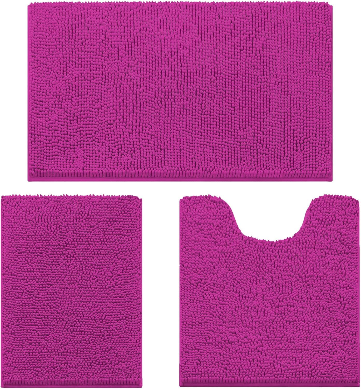 COMPOLICY Badvorleger Set 3-Teilig-Weiches Badematten Set mit Rutschfester, Chenille Saugfähige Badteppiche Sets für Badezimmer, Toilette und Dusche-Maschinenwaschbar (Rosenrot)