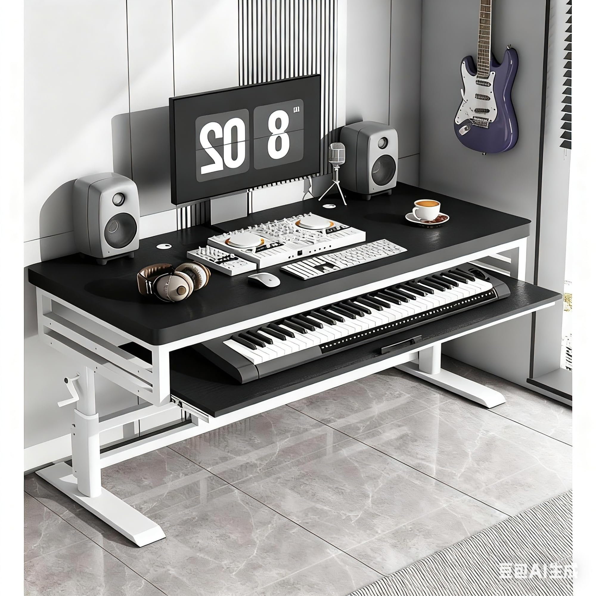 Bureau de studio de musique avec plateau de clavier pour piano électronique et installation MIDI - Table mignonne pour studio d'enregistrement et bureau à domicile