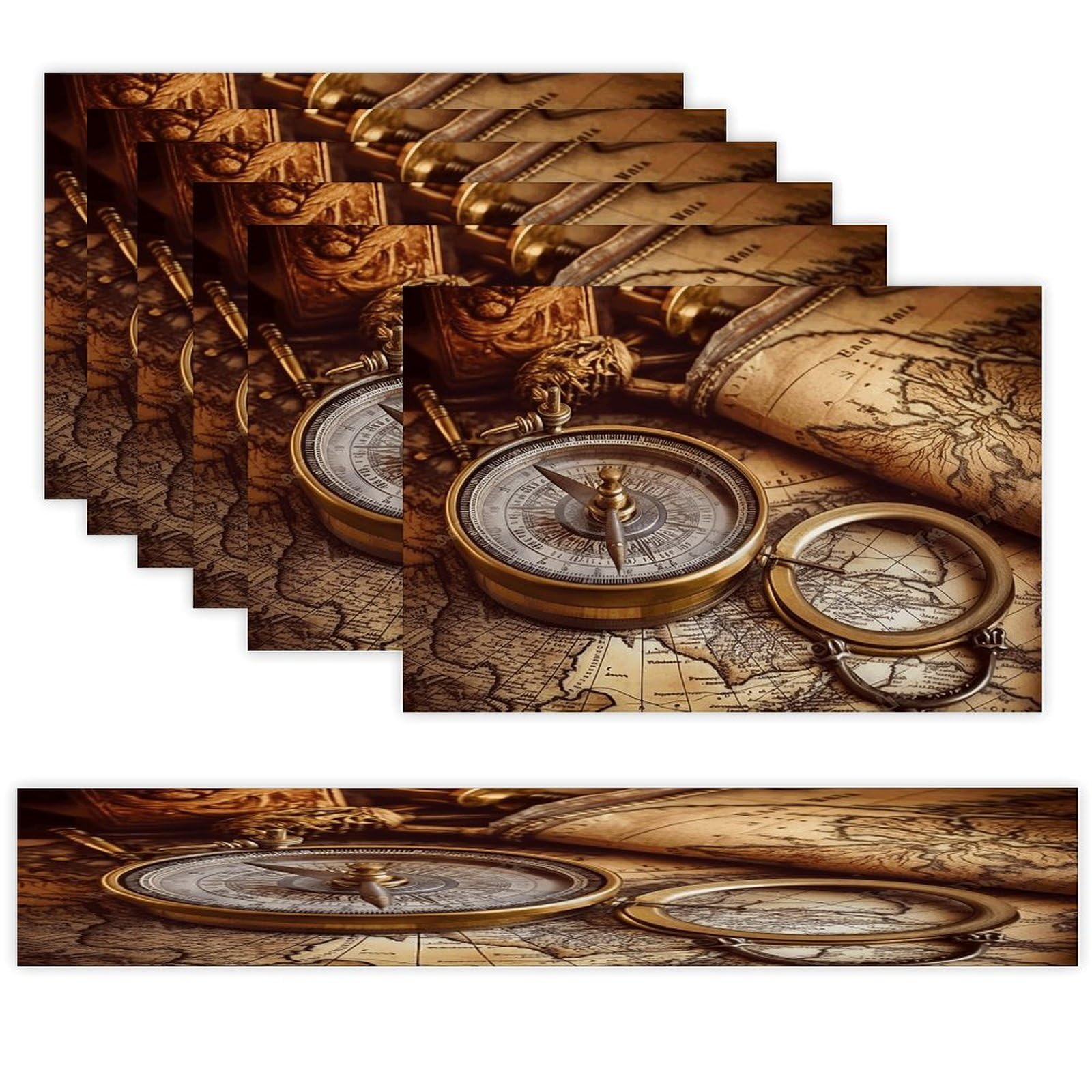 Compass and Old World Map Table Runner and Placemats of 6 Washable Heat Resistant Place Mats with Table Runner Vintage Holiday Table Mat Set for Holiday Party Kitchen Dining Deco