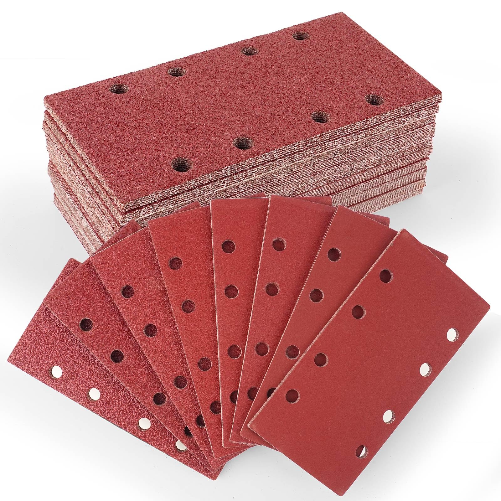 Zestaw 80 sztuk papieru ściernego, 93 x 185 mm, 40/60/80/120/180/240/320/400, arkusze szlifierskie, 8 otworów, do szlifierek oscylacyjnych, prostokątnych, do drewna, metalu, lakieru, szlifowania