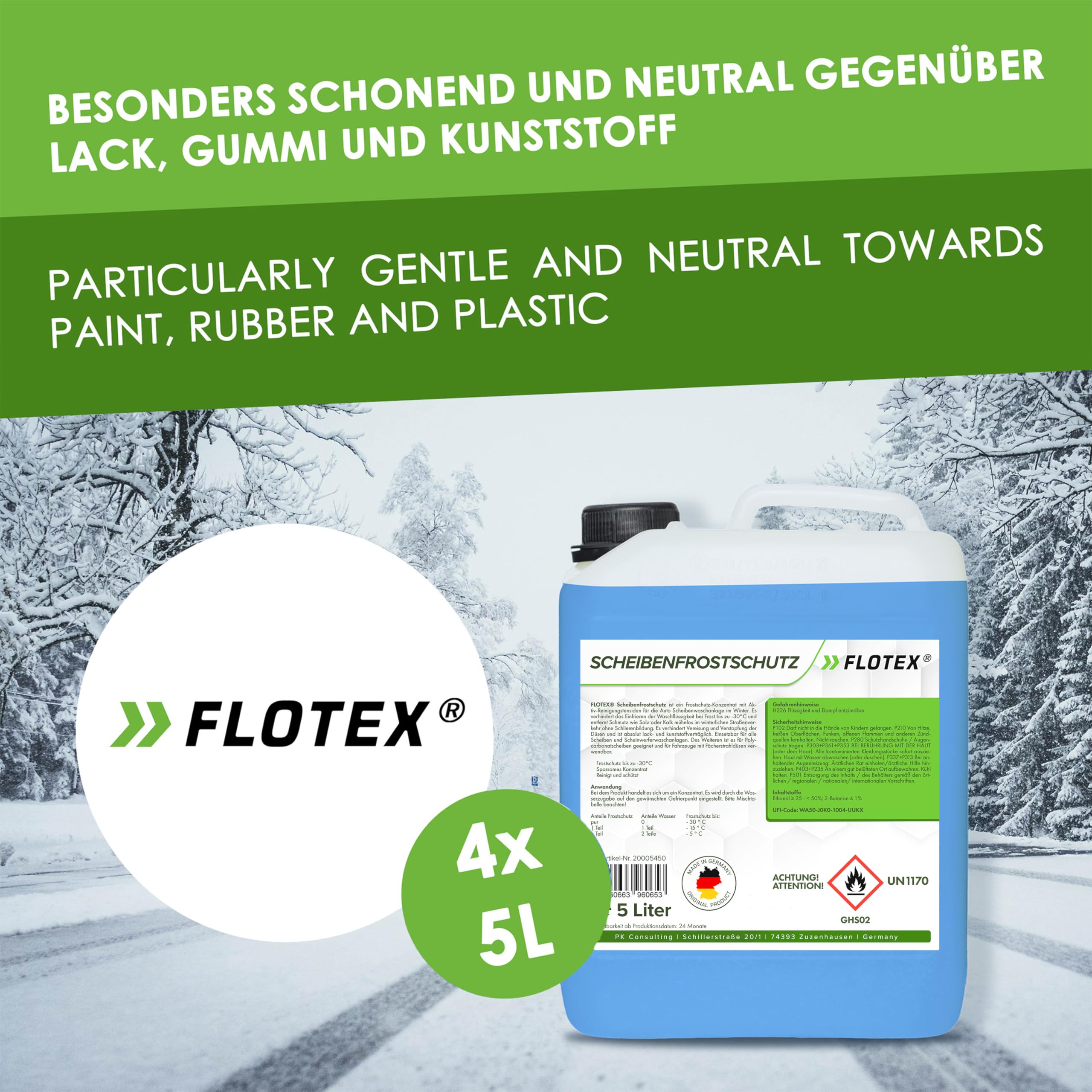 Scheibenfrostschutz Konzentrat 4 x 5L – Hocheffektiver Scheibenwasser Frostschutz bis -30°C – Absolut rein & schlierenfrei - Sofort mischbereit – Angenehmer Citrusduft