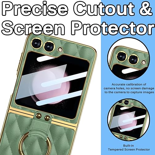 Miniatura 5 de Miimall Funda con protector de pantalla compatible con Samsung Z Flip 5, funda de cuero con soporte de anillo, cubierta trasera de cuero romboide de