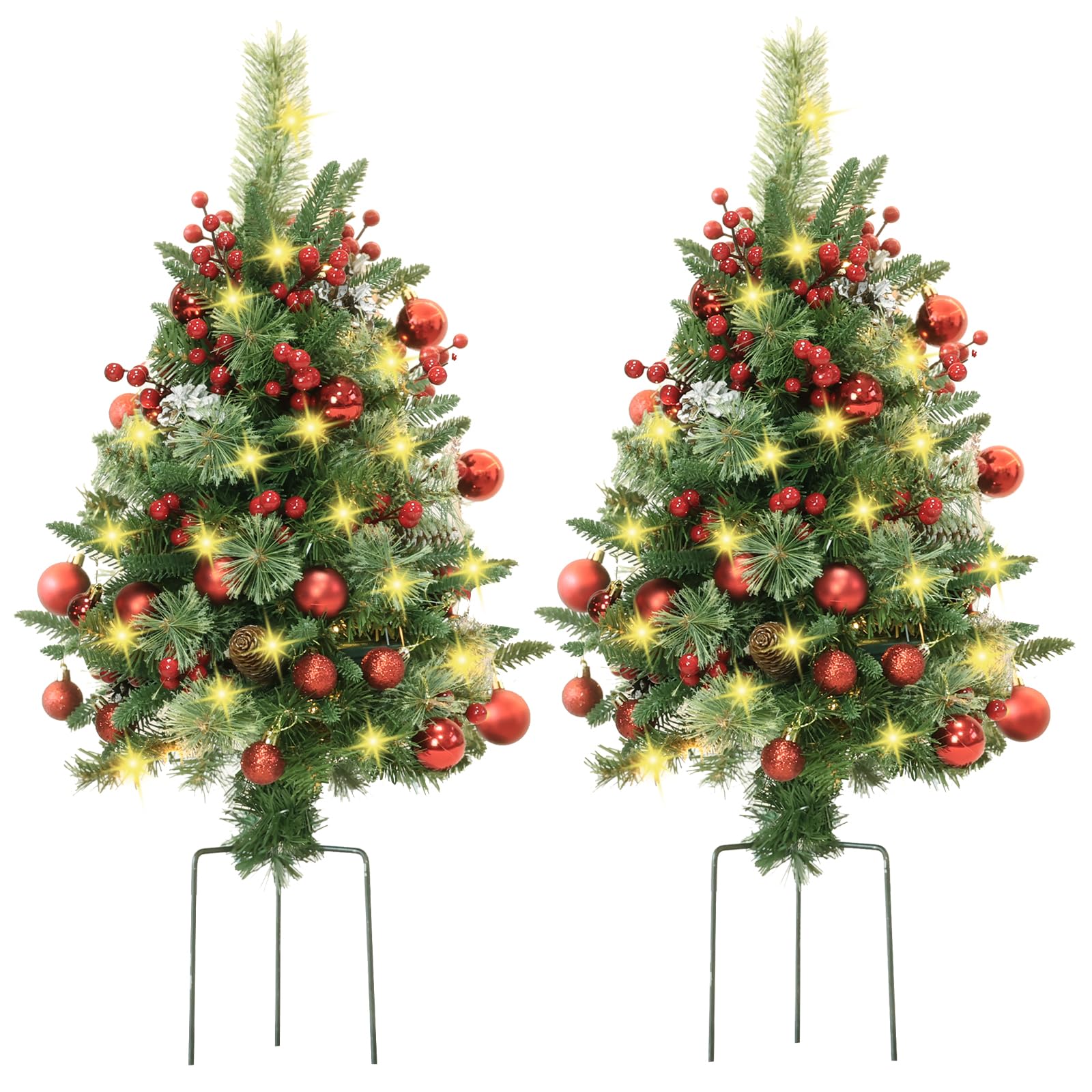 2 Packs 30in Outdoor Christmas Trees, Small Pre-Lit Artificial Xmas Tree, Holiday Decor with Stake, Warm White & Waterproof String Lights, Red Balls & Berries, Pine Cones, Battery Operated, 2.5FT