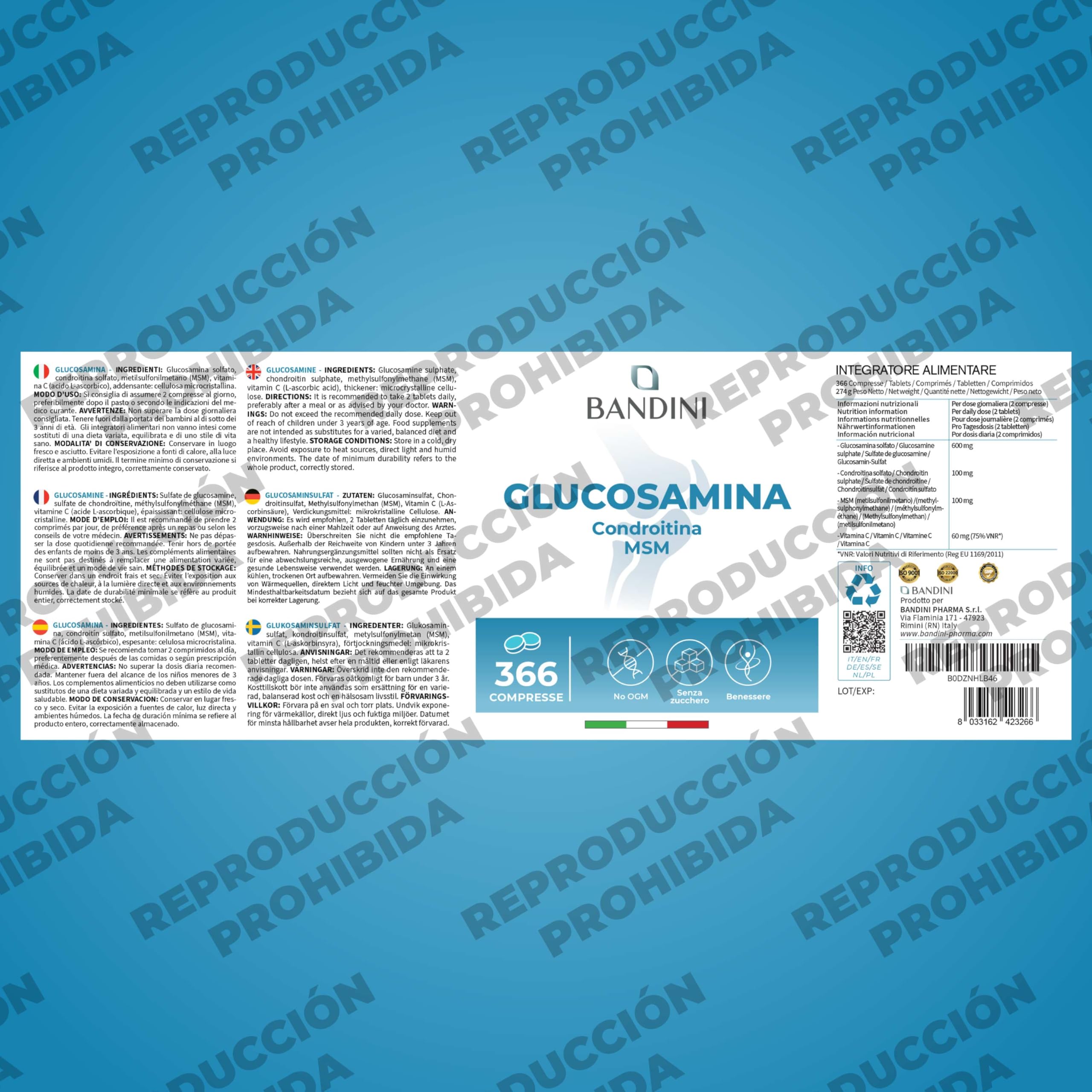 Bandini® Glucosamina Condroitina MSM y Vitamina C 366 Comprimidos | Para articulaciones y cartílagos | Complejo con 600 mg de glucosamina, 100 mg de condroitina y MSM por dosis | 6 meses de suministro