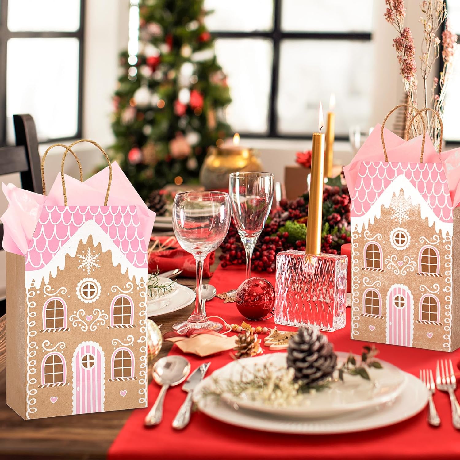 Whaline Winter Paper Gift Bags with Handles Xmas Pink Gingerbread Snow House Shaped Treat Candy Goodies Bags with Tissue Paper for Christmas Holiday Baby Shower Party Favors Housewarming Gifts, 12 Set - Image 6