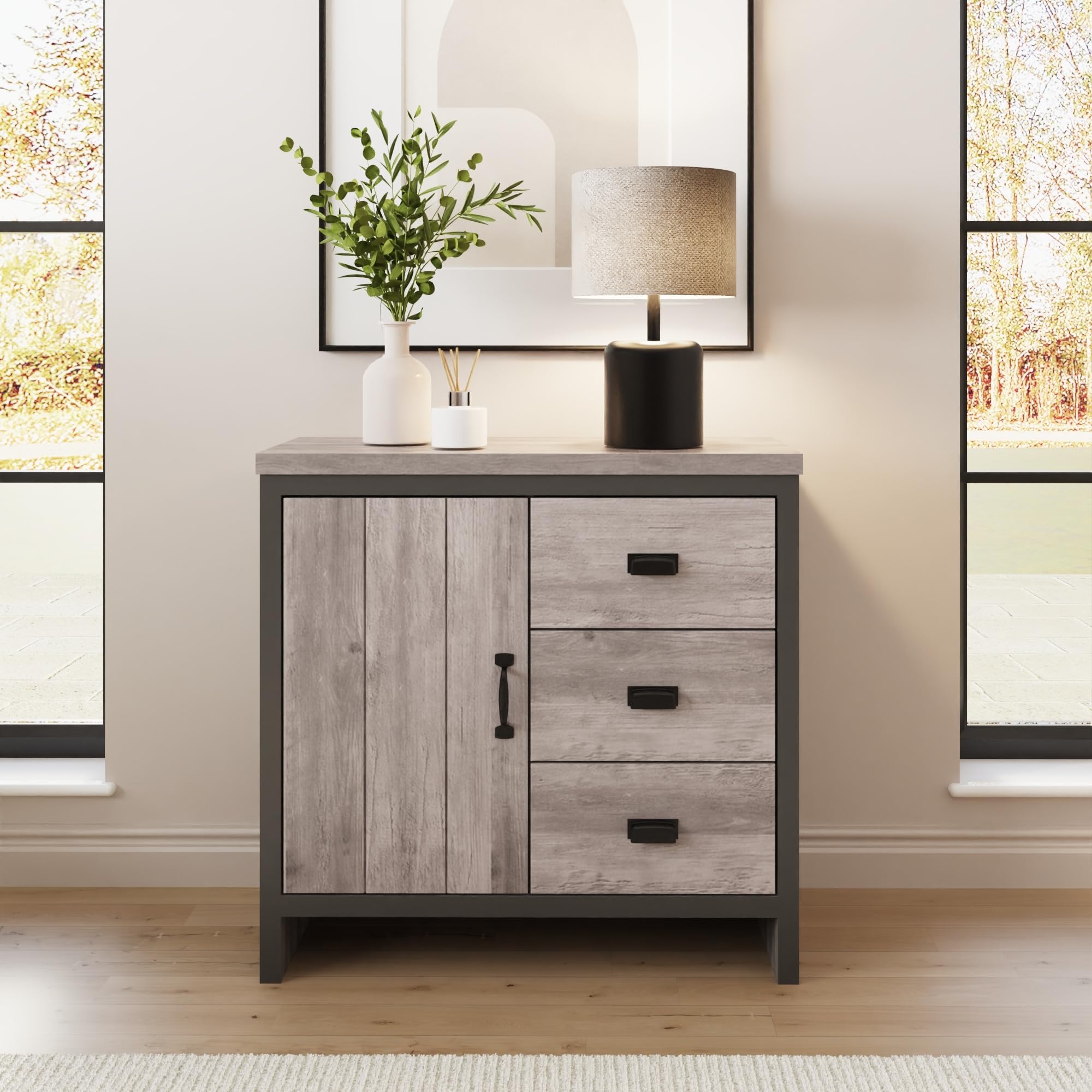 GFW Boston Grey Wood Effect 1 Door 3 Drawer Multi Storage Unit Cabinet
