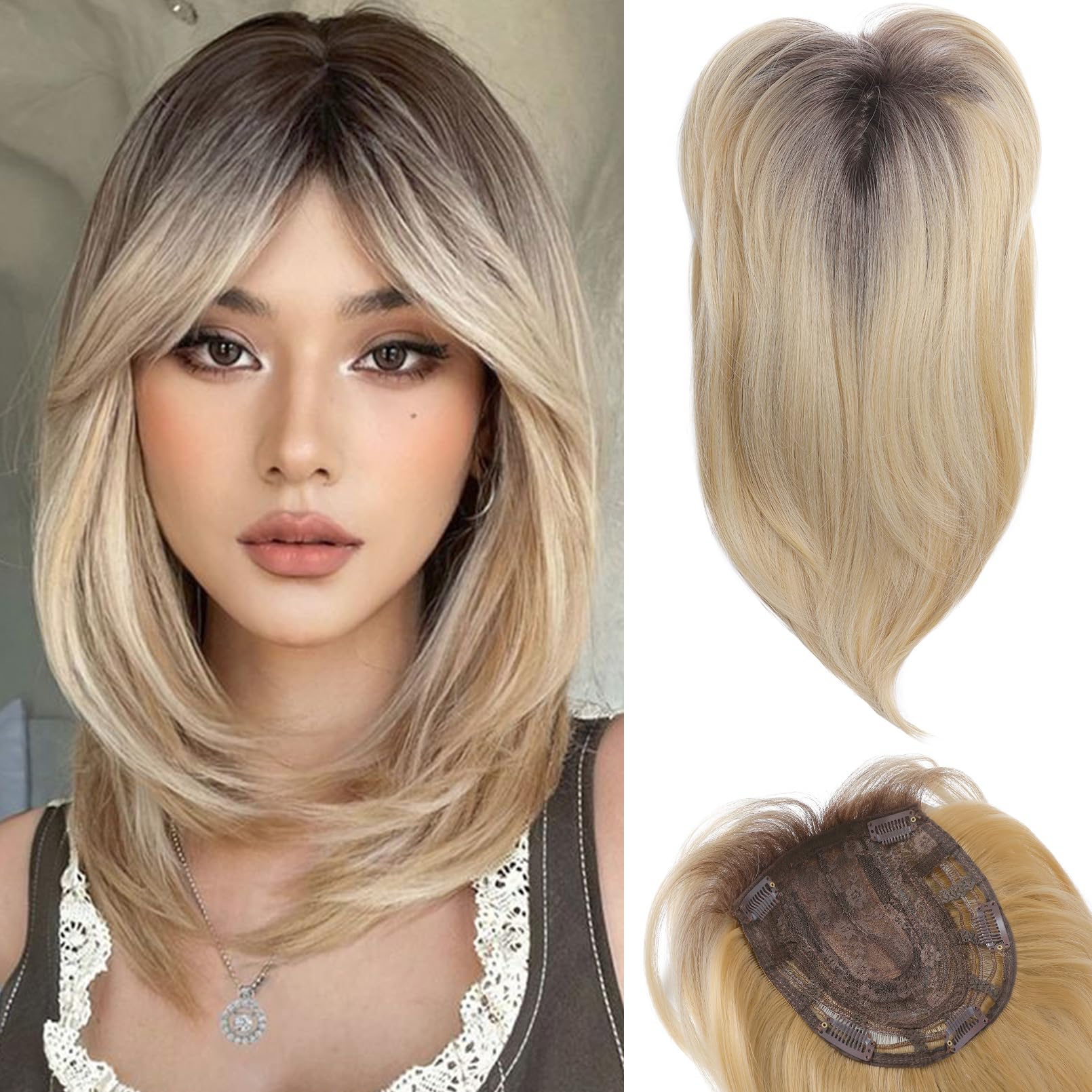 HOOJIH Hair Topper, Long Layered Hair Topper with Bangs for Women with Thinning Hair 18 Inch Slightly Curled Ends Wiglets Synthetic Fiber Hair Pieces for Women - Ombre Blonde with Dark Root