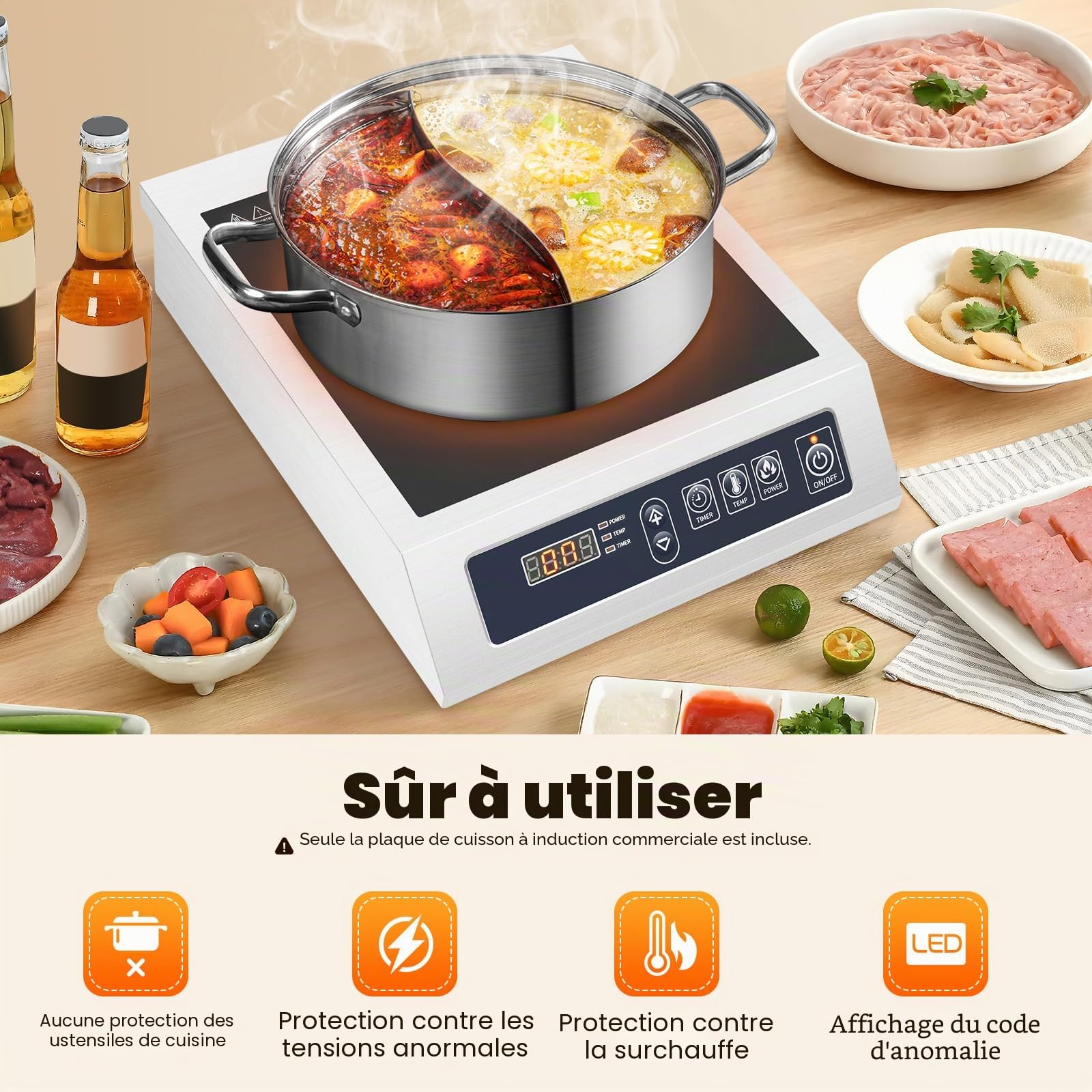 Plaque de cuisson à induction 220 V 3500 W - Plaque de cuisson à induction professionnelle en acier inoxydable avec 11 niveaux et minuterie 24 h - Pour restaurants, camping - 35 x 42 cm