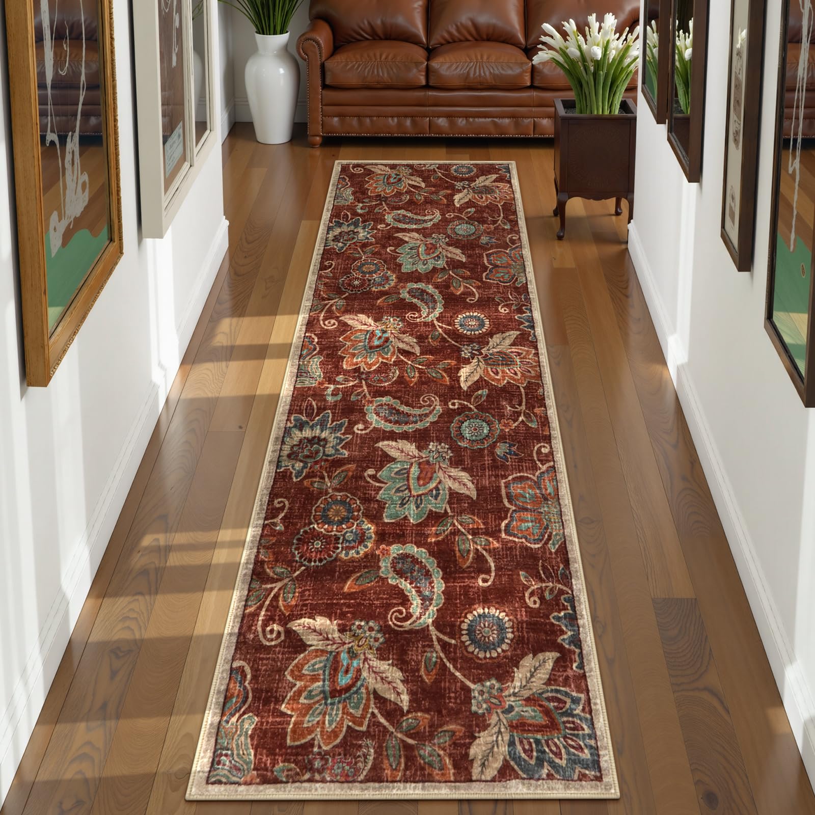 Morebes Floral 2x8 Runner Rug Non Slip,Washable Runner Rugs for Hallway 2x8, Non Skid Bath Mat Distressed Paisley Rug Indoor Floor Carpet Runner for