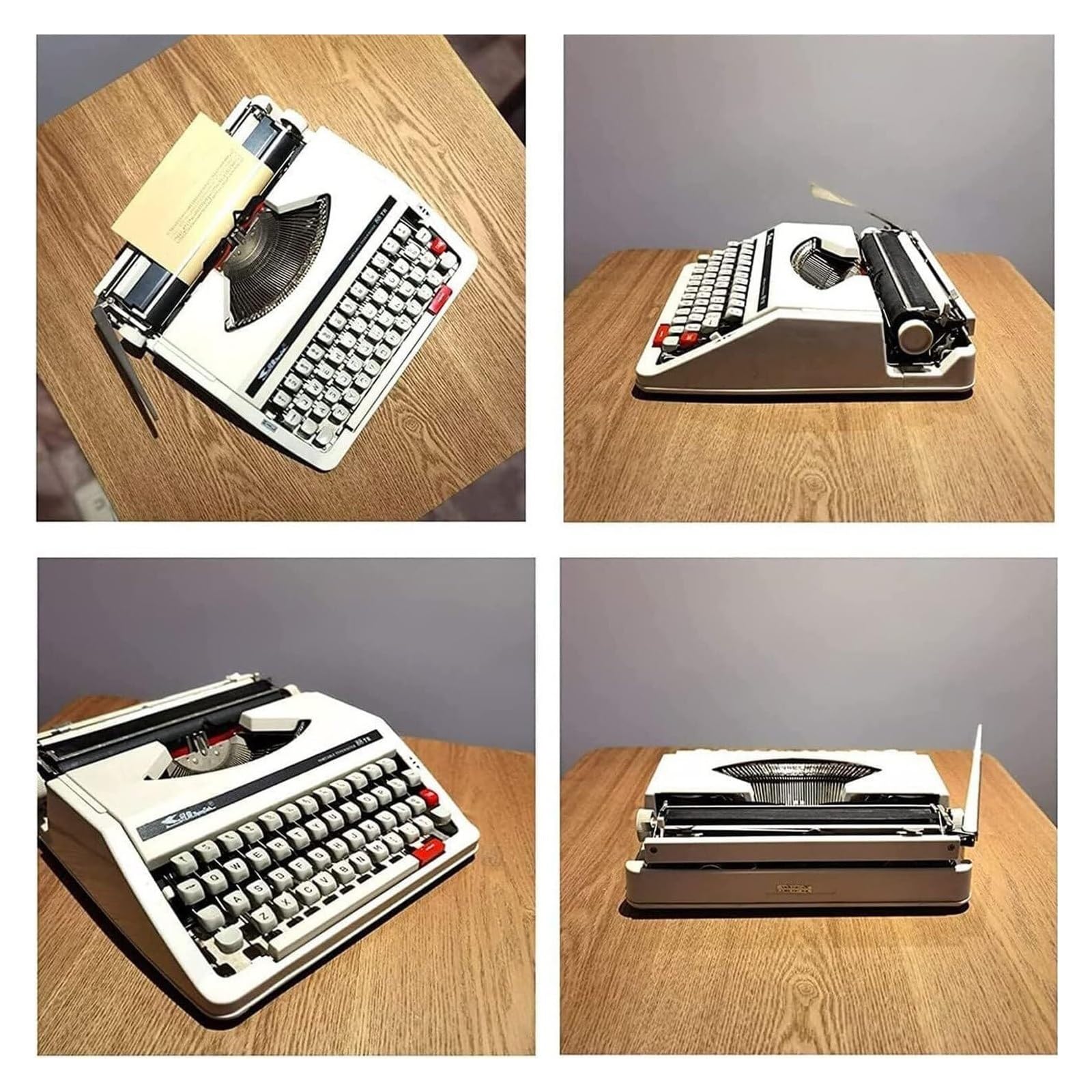 Retro-Vintage-Schreibmaschine, traditionelle, altmodische mechanische englische Schreibmaschine, 1980 klassische Nostalgie, tragbare manuelle Retro-Schreibmaschine, Weiß