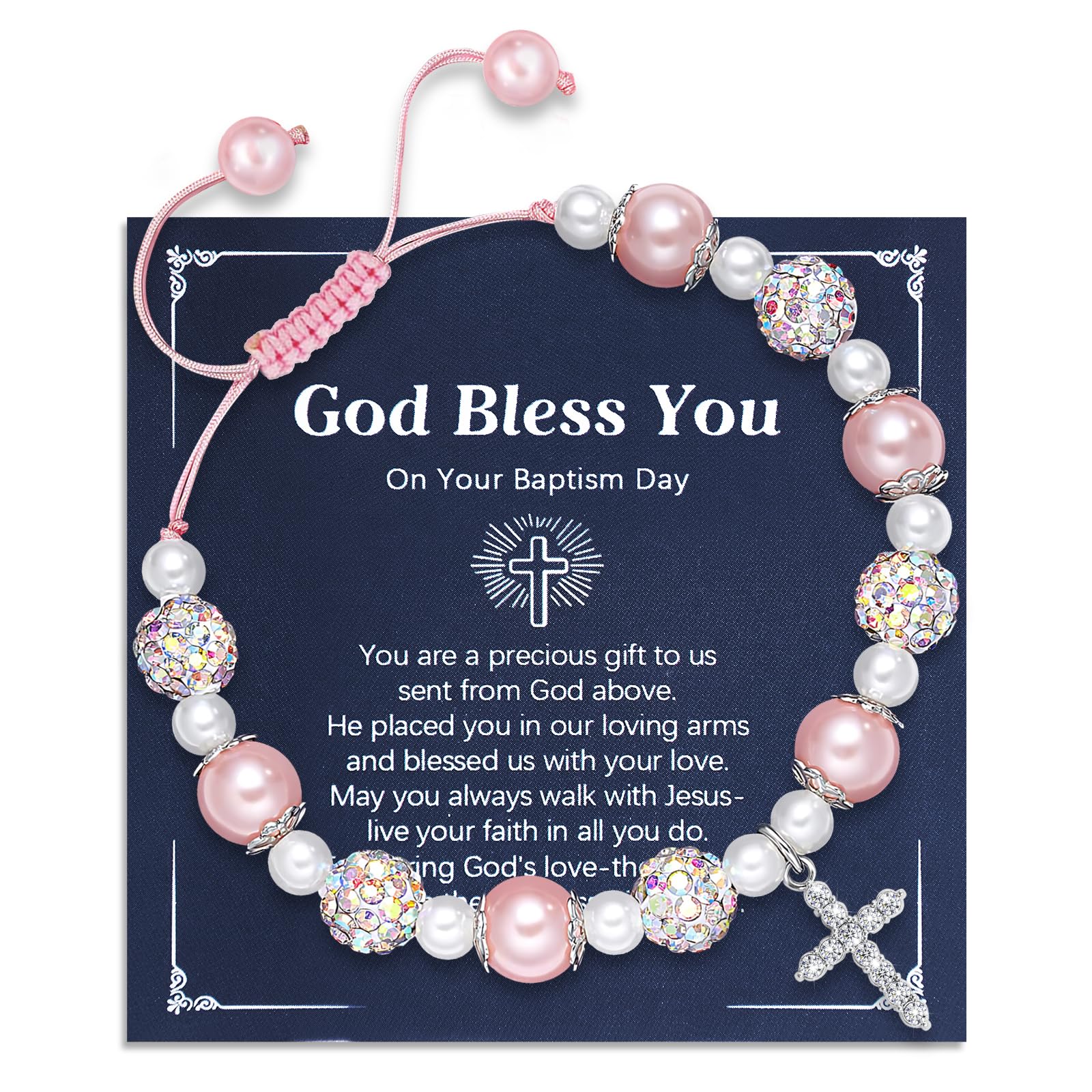 Kaluofan First Communion Gifts, Handmade Inspirational Cross Bracelet with Blessing Card, Baptism Confirmation Gifts Birthday Bracelet