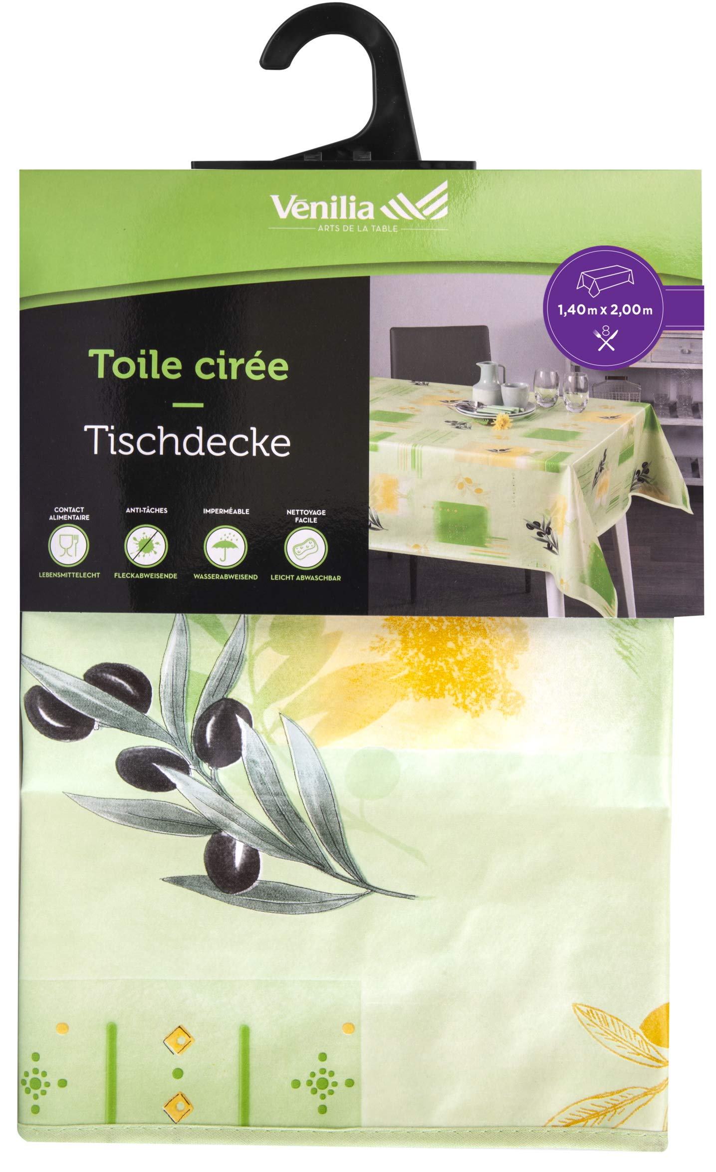 Venilia Nappe Vert Olive Linge de Table Toile cirée Maintenance réduite hydrophobes, Polyester, PVC, rectangulaire, 140 x 200 cm, 55052