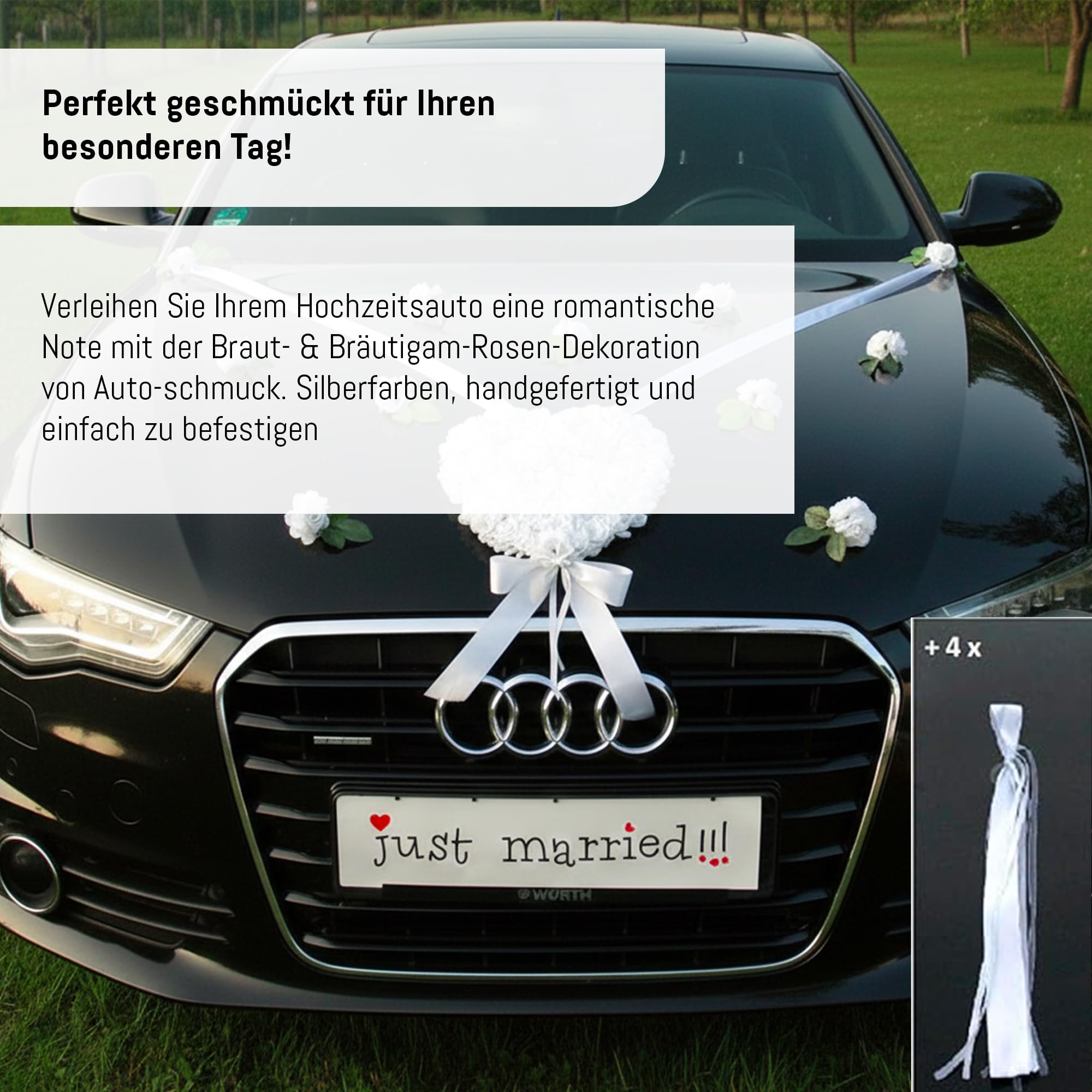 LIEBESHERZEN Braut Paar Rose Deko Dekoration Autoschmuck Hochzeit Car Auto Wedding Deko Girlande PKW ®Auto-schmuck (reinweiß 2)