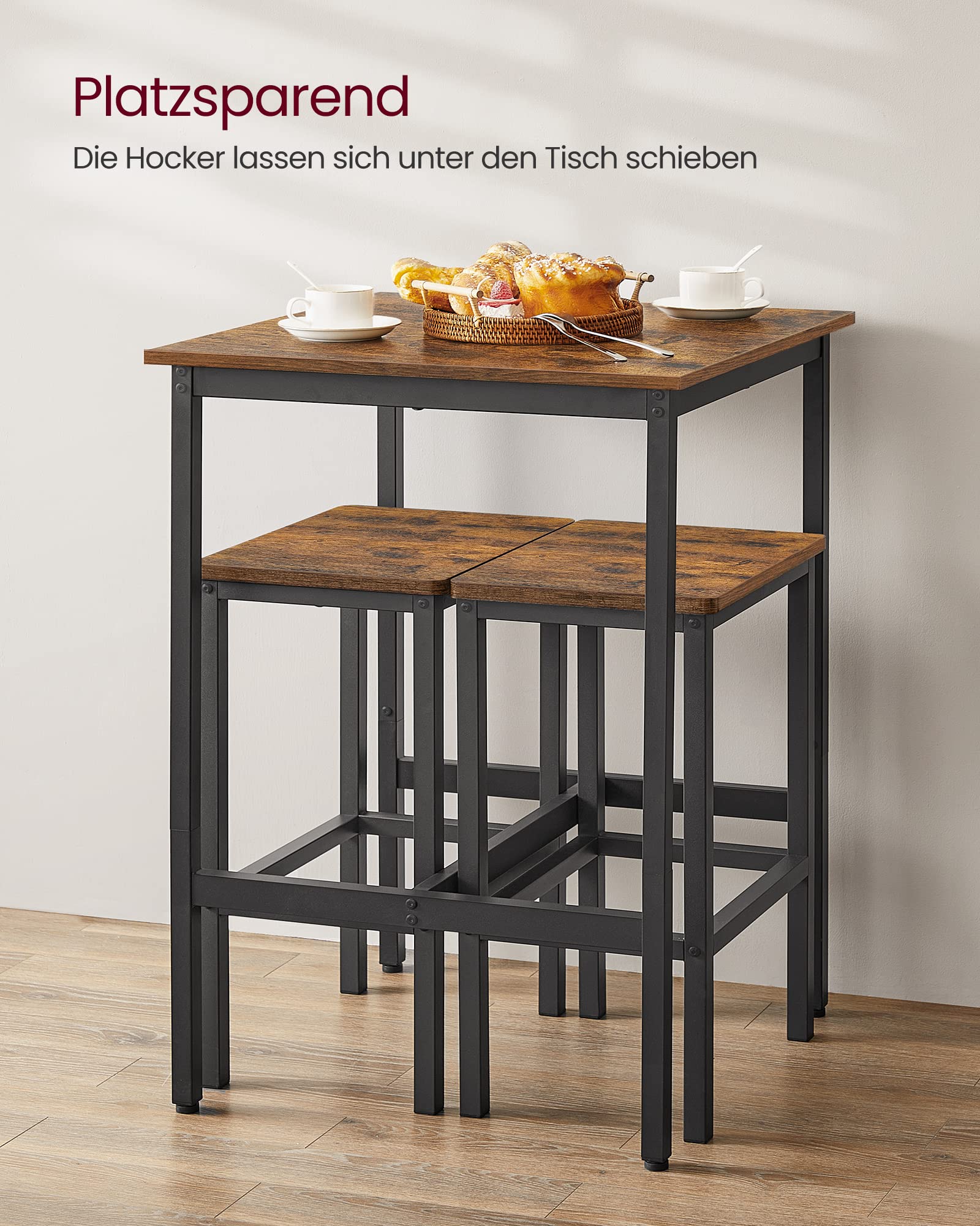 VASAGLE Bartisch mit Barhocker-Set, Esstisch mit 2 Stühlen, Küchentisch klein, Barstühle, für Esszimmer, Küche, vintagebraun-tintenschwarz LBT017B01