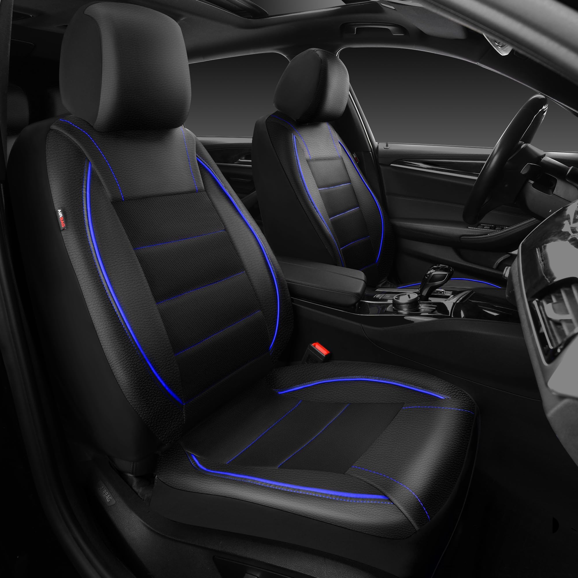 CAR PASS Universal FIT Piping Leather Two Front Seat Covers, Waterproof Faux Leather for SUV Sedan Van Truck, Airbag Compatible,Reserved Opening Holes for Headrest Covers. (Black and Blue)