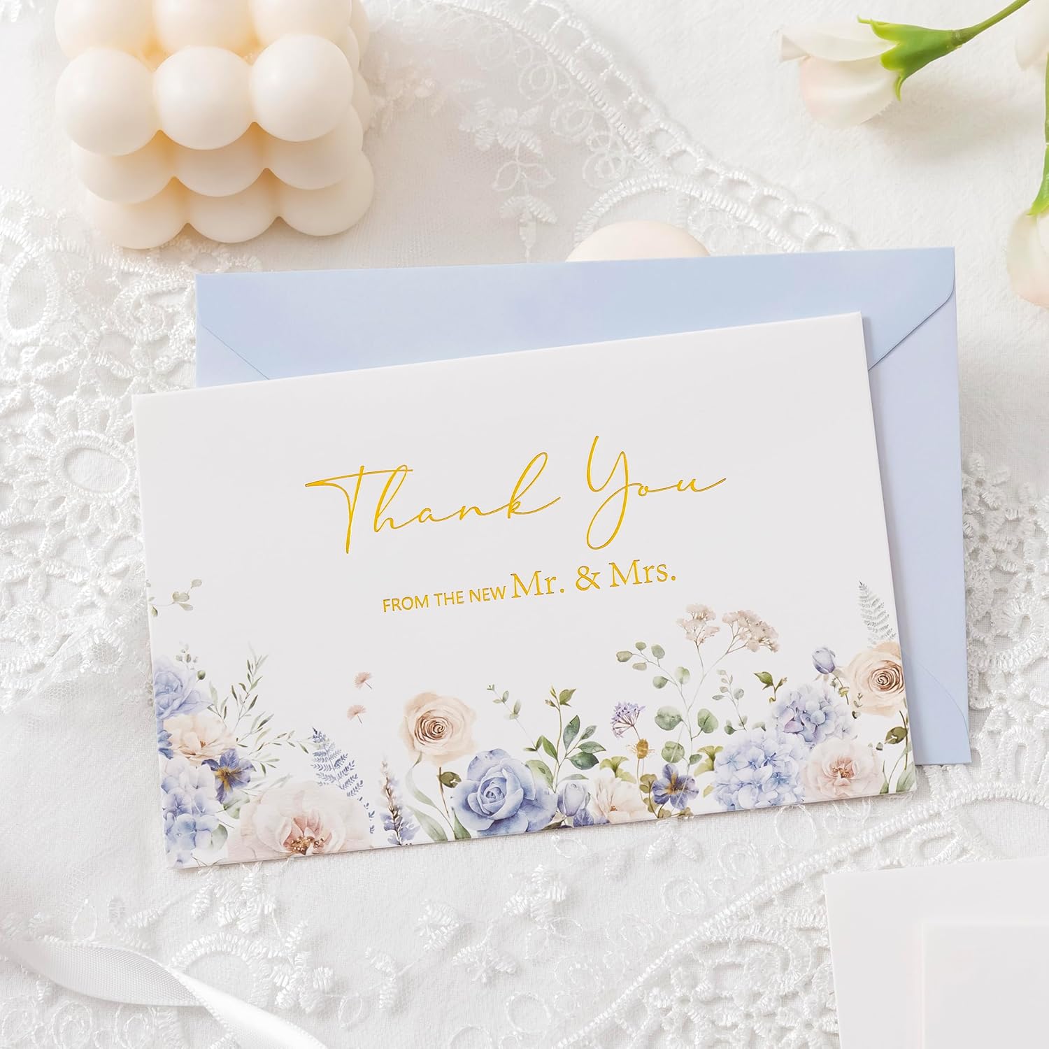 Crisky Blue Floral Wedding Thank You Cards with Envelopes & Stickers From Mr & Mrs, 100 Pack Gold Foil Eucalyptus Leaves Thank You Greeting Note Cards Bulk for Bridal Shower