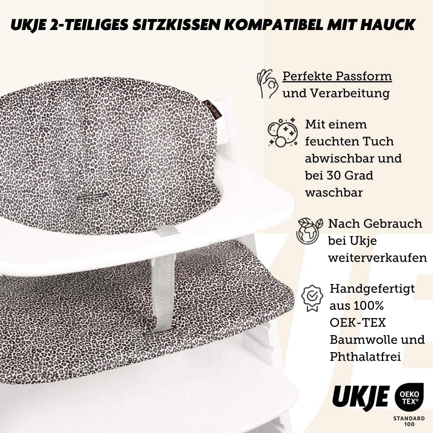 Ukje Sitzkissen für Hauck Alpha Plus & Beta Plus, Oeko-Tex 100, weiche Dicke Sitzauflage für Hochstuhl, atmungsaktiv, pflegeleicht, ideal als Sitzverkleinerer für Babys & Neugeborene, Sand Leopard