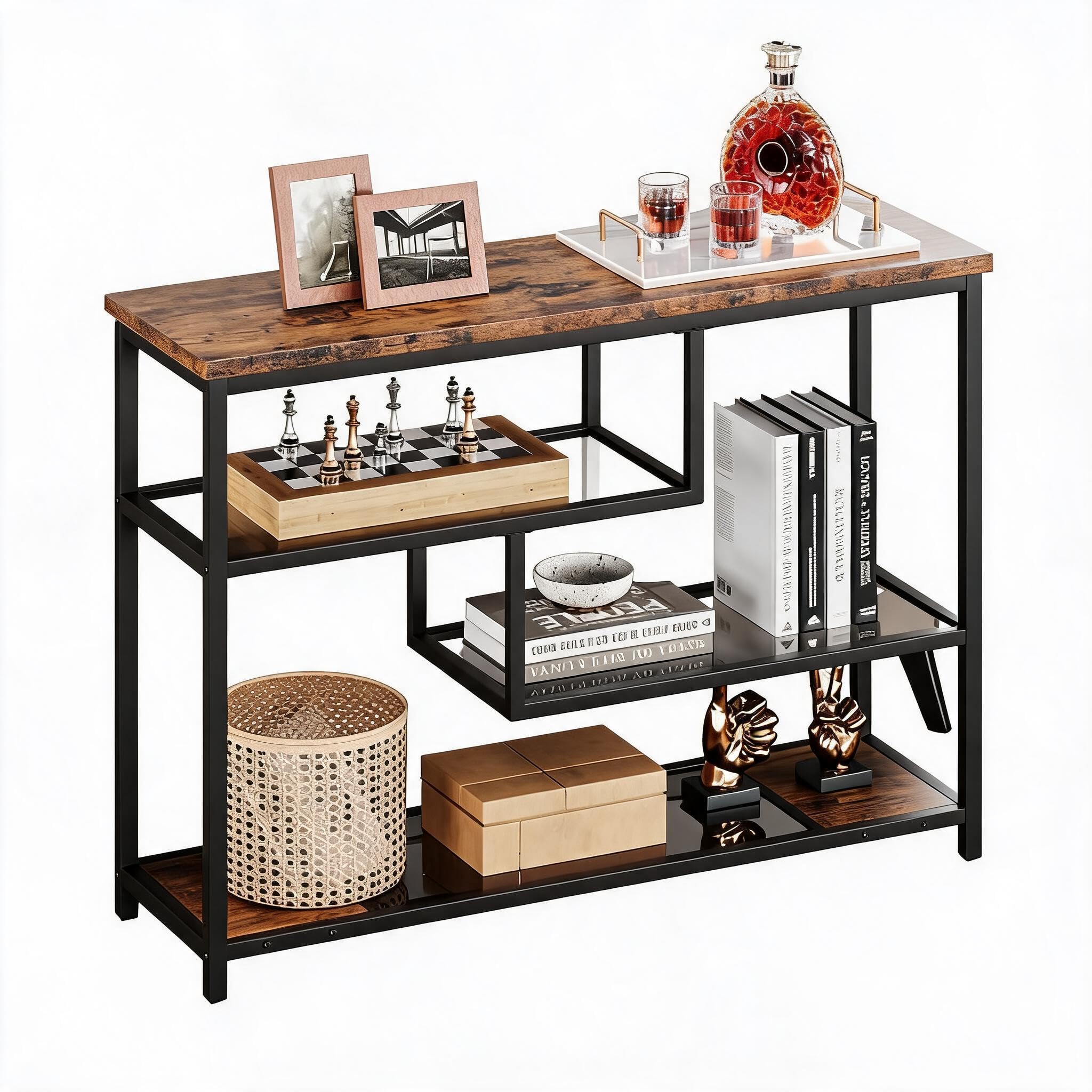 Table Console 4 Niveaux Verre Gris Métal