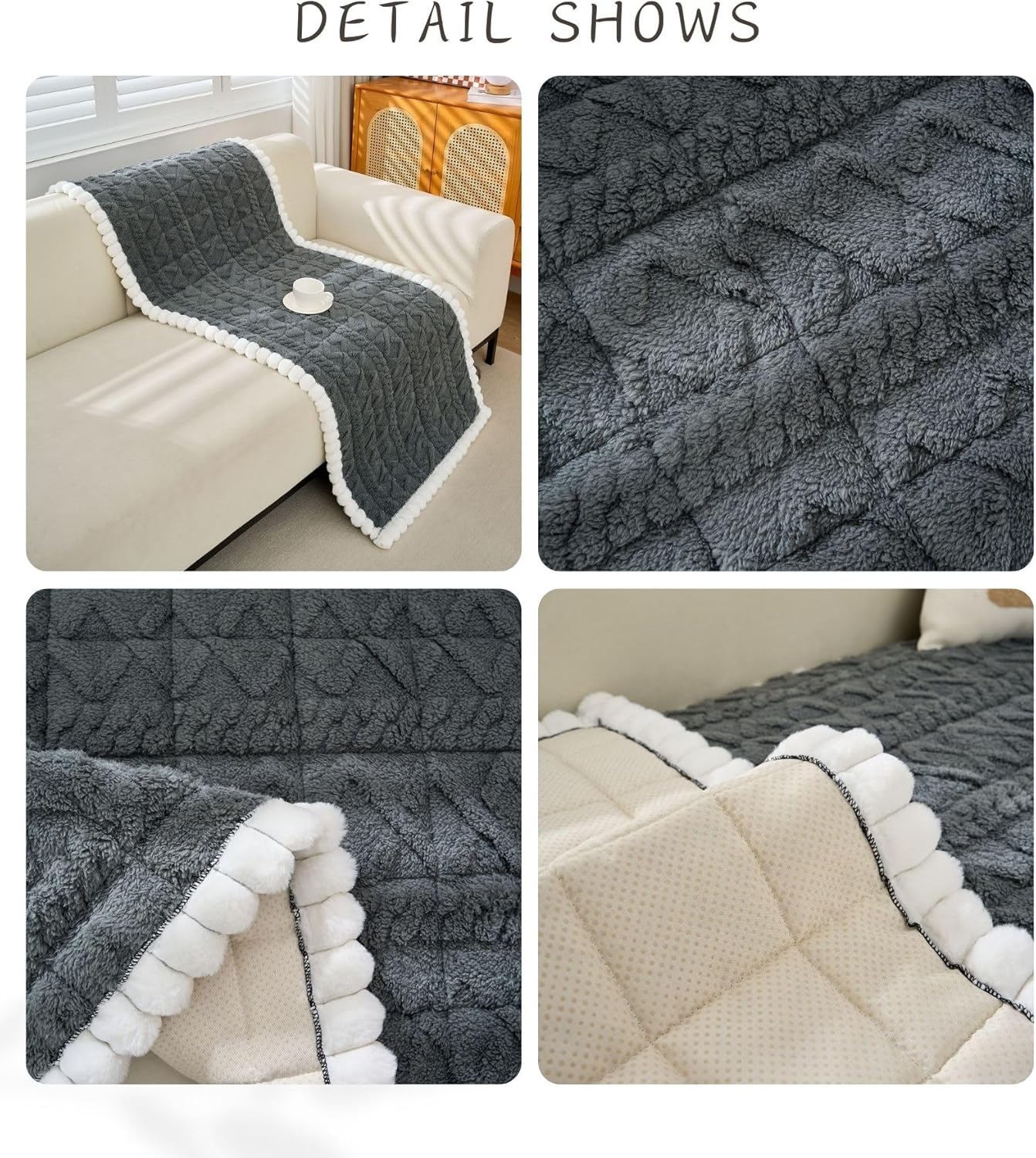 Soft Fleece Couch Cover for 2 Cushion Couch Anti Slip Fluffy Jacquard Sofa Cover Cozy Warm Fuzzy Dog Bed Cover Washable Loveseat Cover Furniture Protector for Pet, Cat (Dark Grey,28"x59")