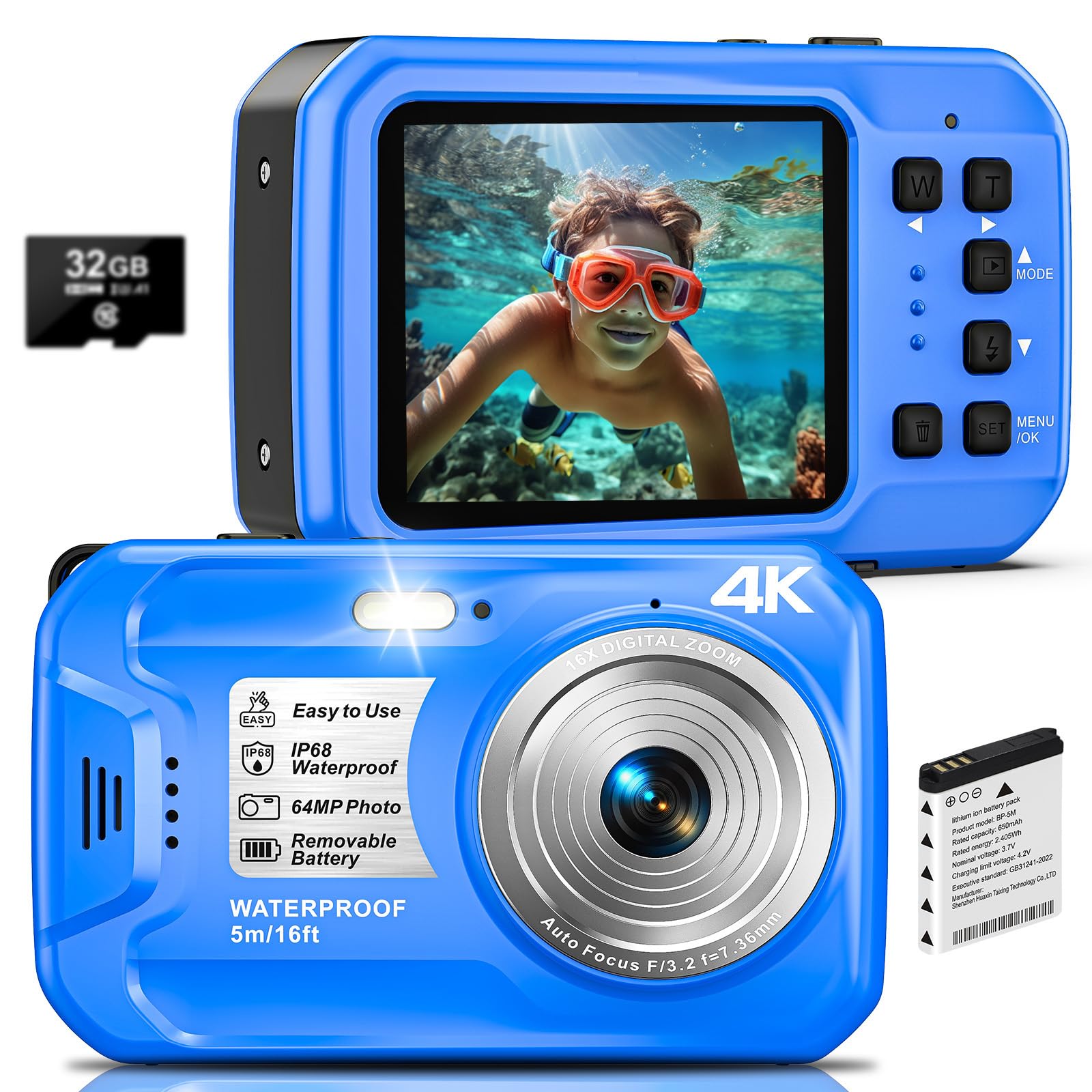 Telecamera impermeabile da 64 MP con scheda da 16 GB e batteria da 650 mAh, ideale per viaggi, surf, nuoto