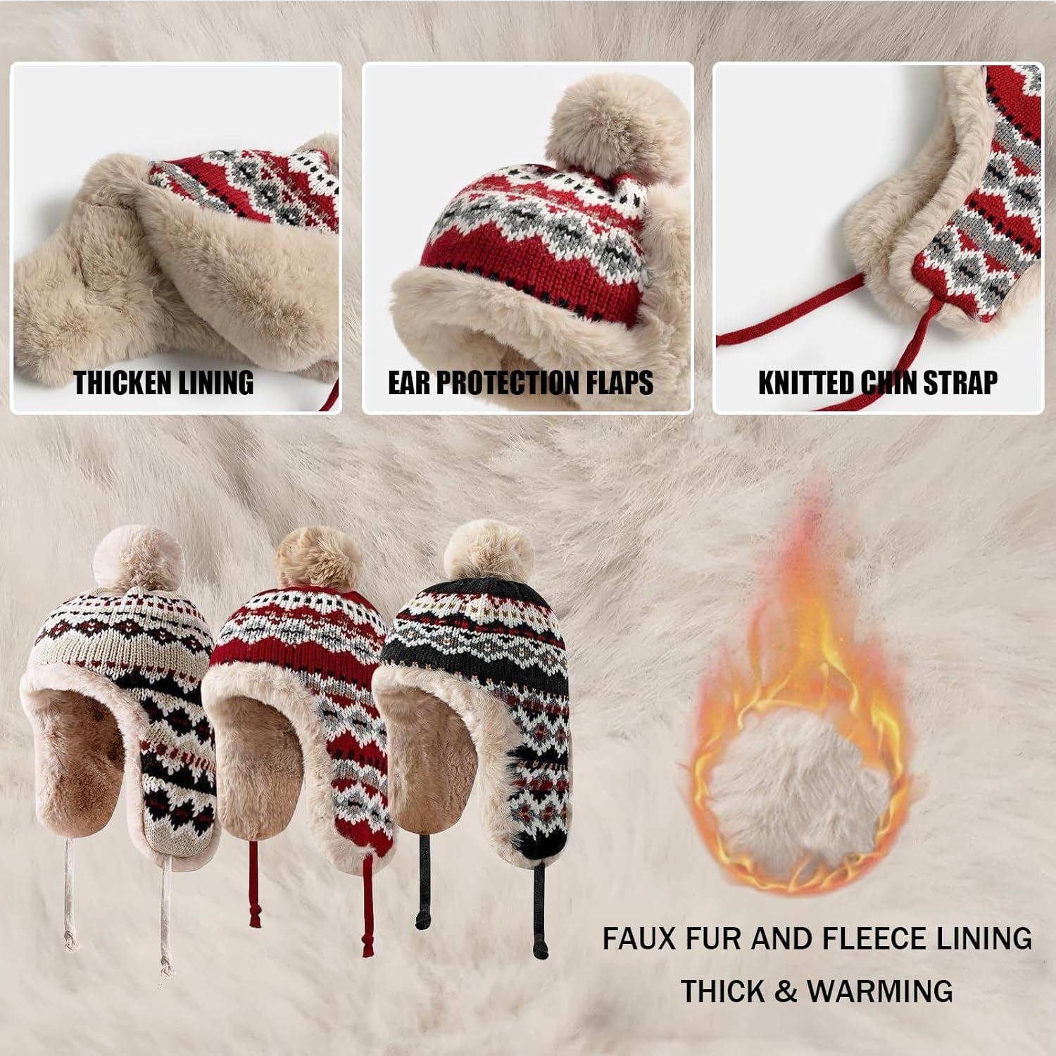 haozaikeji Women Winter Trapper Hat Faux Fur Knit Beanie Hat Thermal Earflap Outdoor Cap Pompom Hats Ushanka Hats - Image 3
